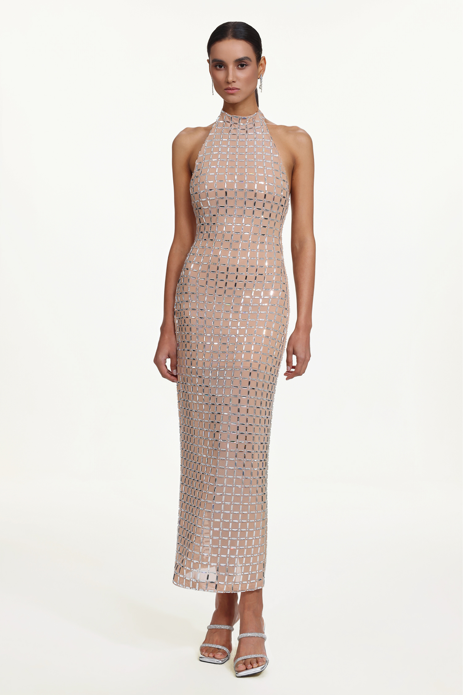 Sabryn Chic Contour Halter Sleeveless Crystal Maxi Dress