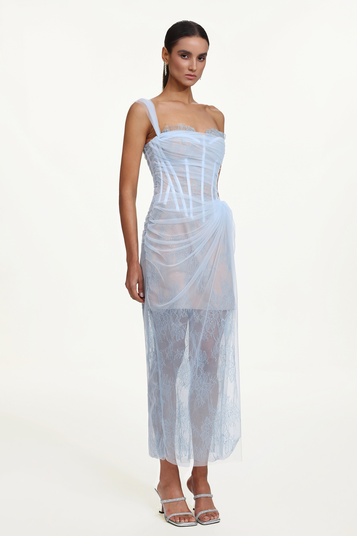 Ninon Corset Strapless Fish Bones Netting Maxi Dress