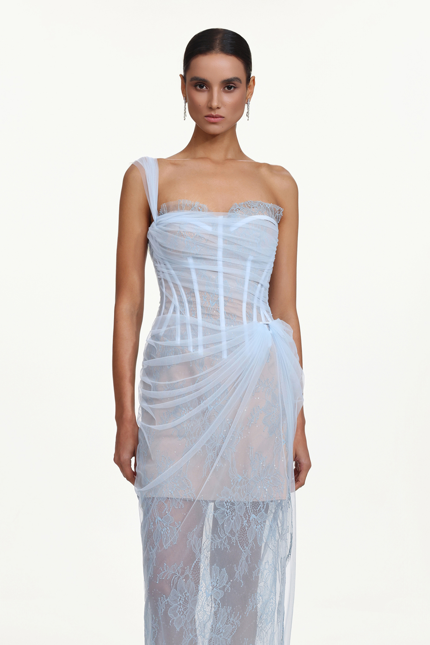 Ninon Corset Strapless Fish Bones Netting Maxi Dress