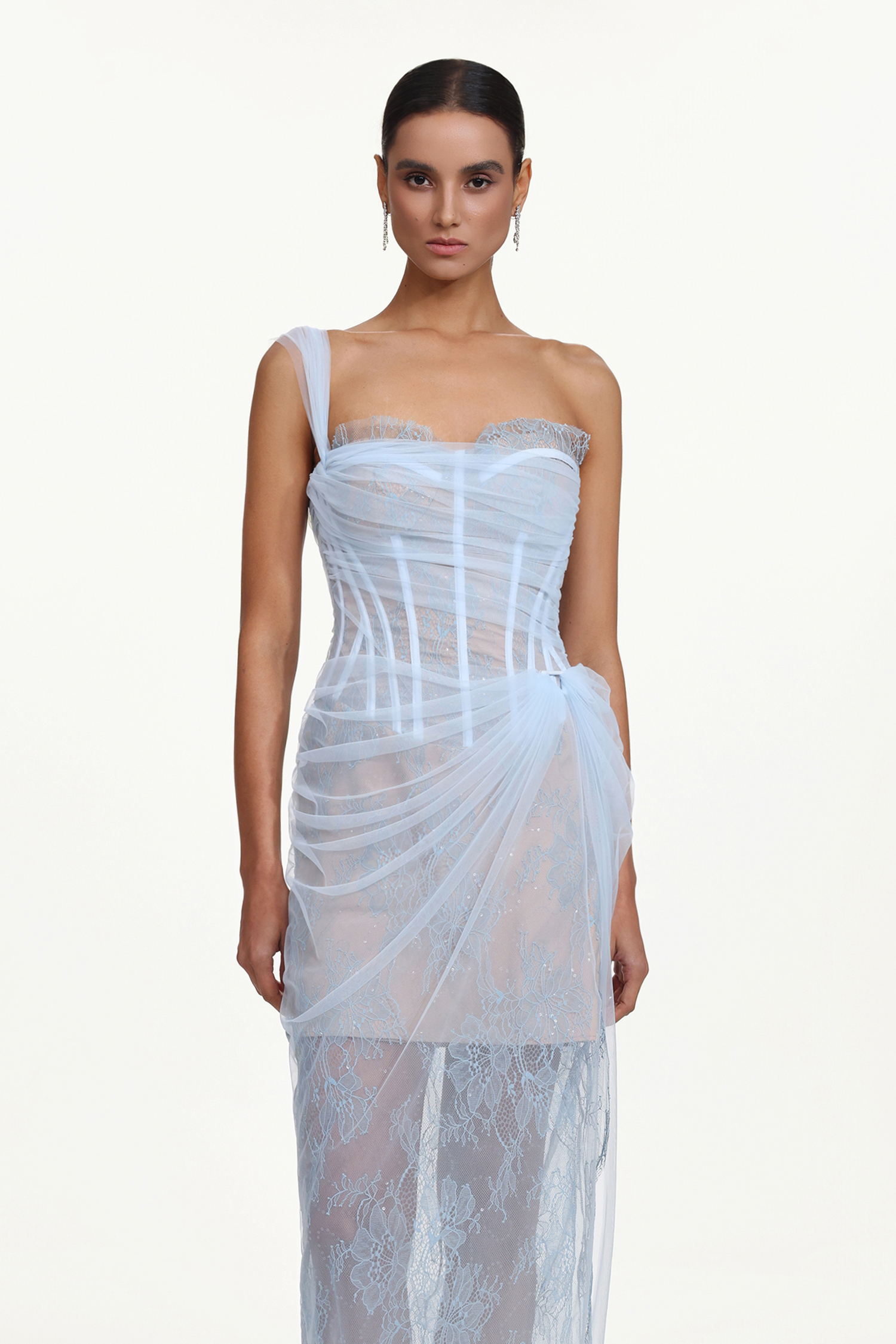 Ninon Corset Strapless Fish Bones Netting Maxi Dress
