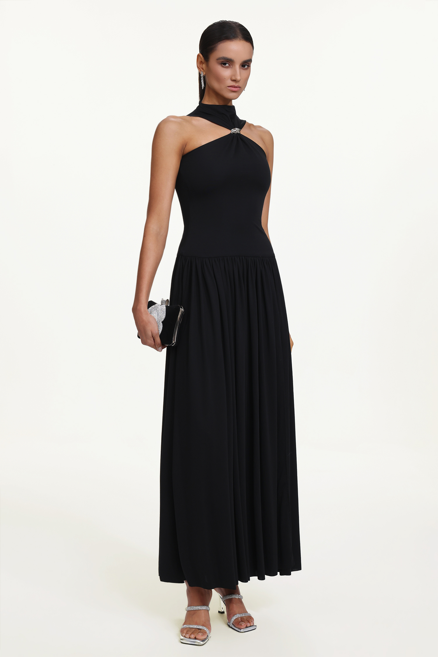 Vincy Chic Contour Halter Metal Ring High Slit Maxi Dress