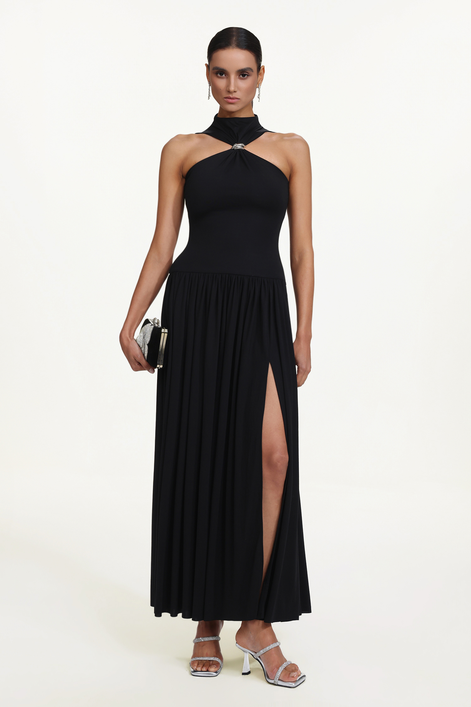 Vincy Chic Contour Halter Metal Ring High Slit Maxi Dress