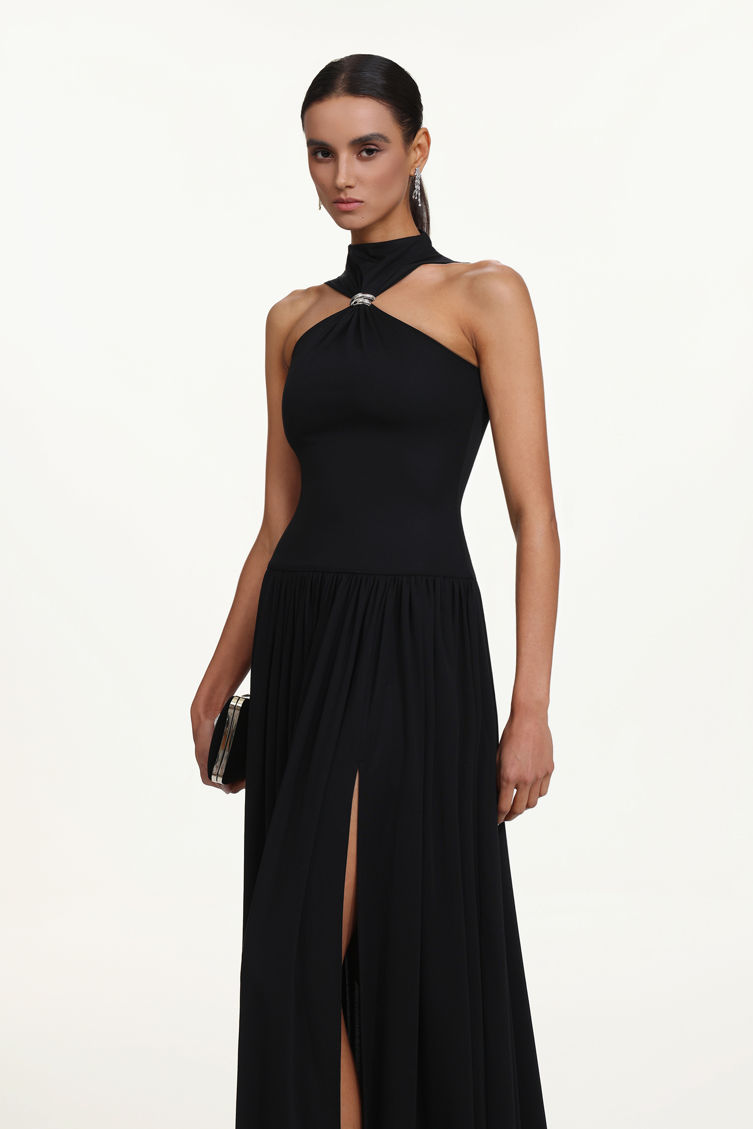 Vincy Chic Contour Halter Metal Ring High Slit Maxi Dress