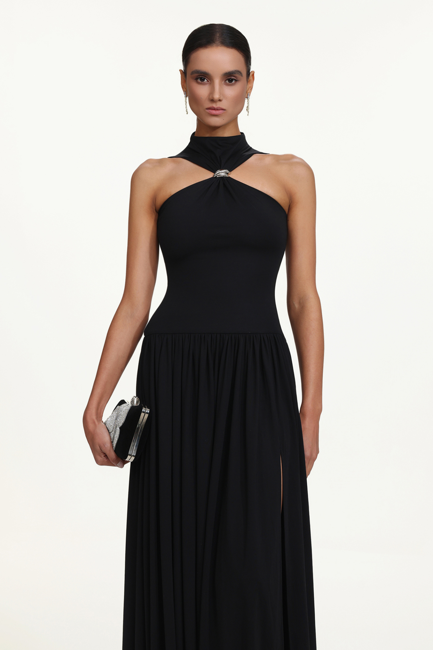 Vincy Chic Contour Halter Metal Ring High Slit Maxi Dress