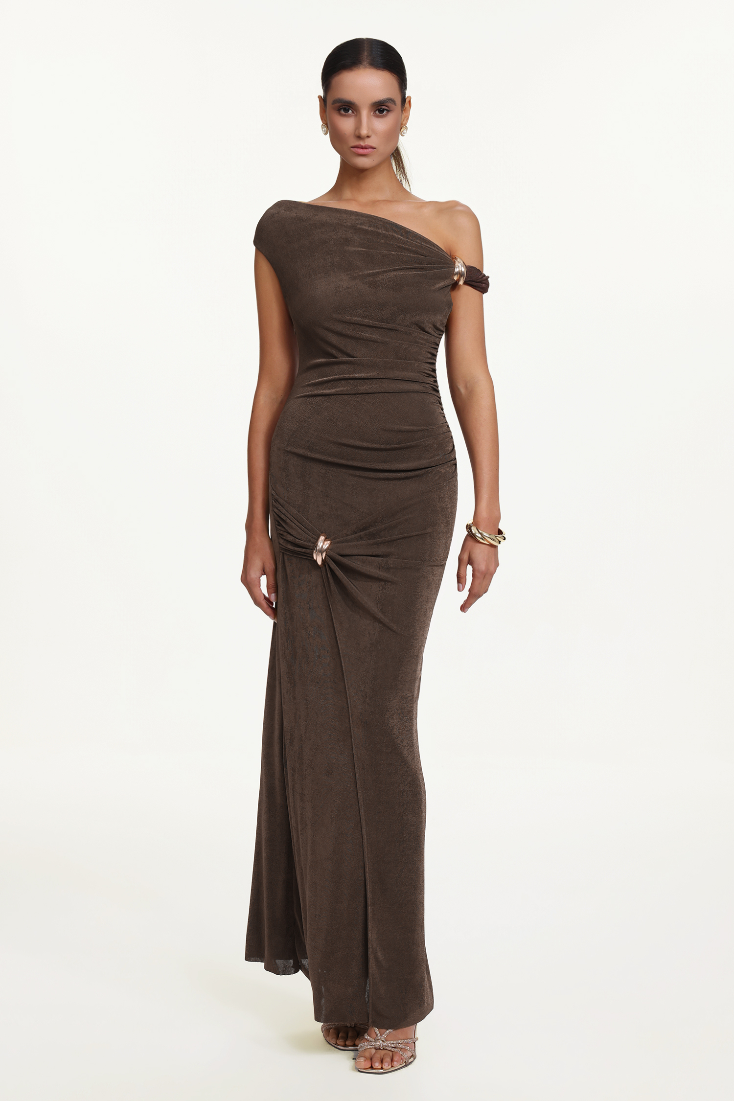 Kuller Elegant Contour Off Shoulder Twist Ruched Knit Brown Maxi Dress