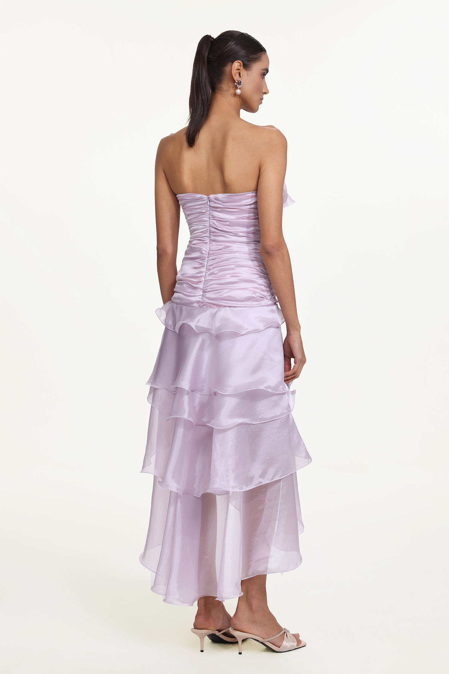 Jellay Romantic Flowy Strapless Asymmetric Ruffle High Slit Maxi Dress