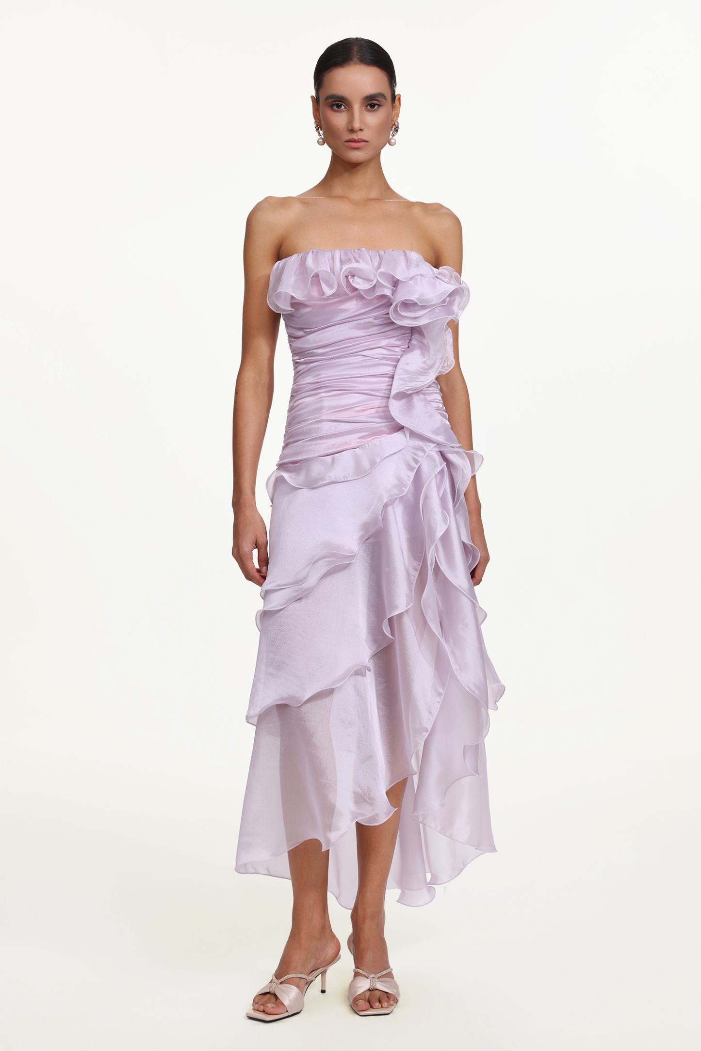 Jellay Romantic Flowy Strapless Asymmetric Ruffle High Slit Maxi Dress