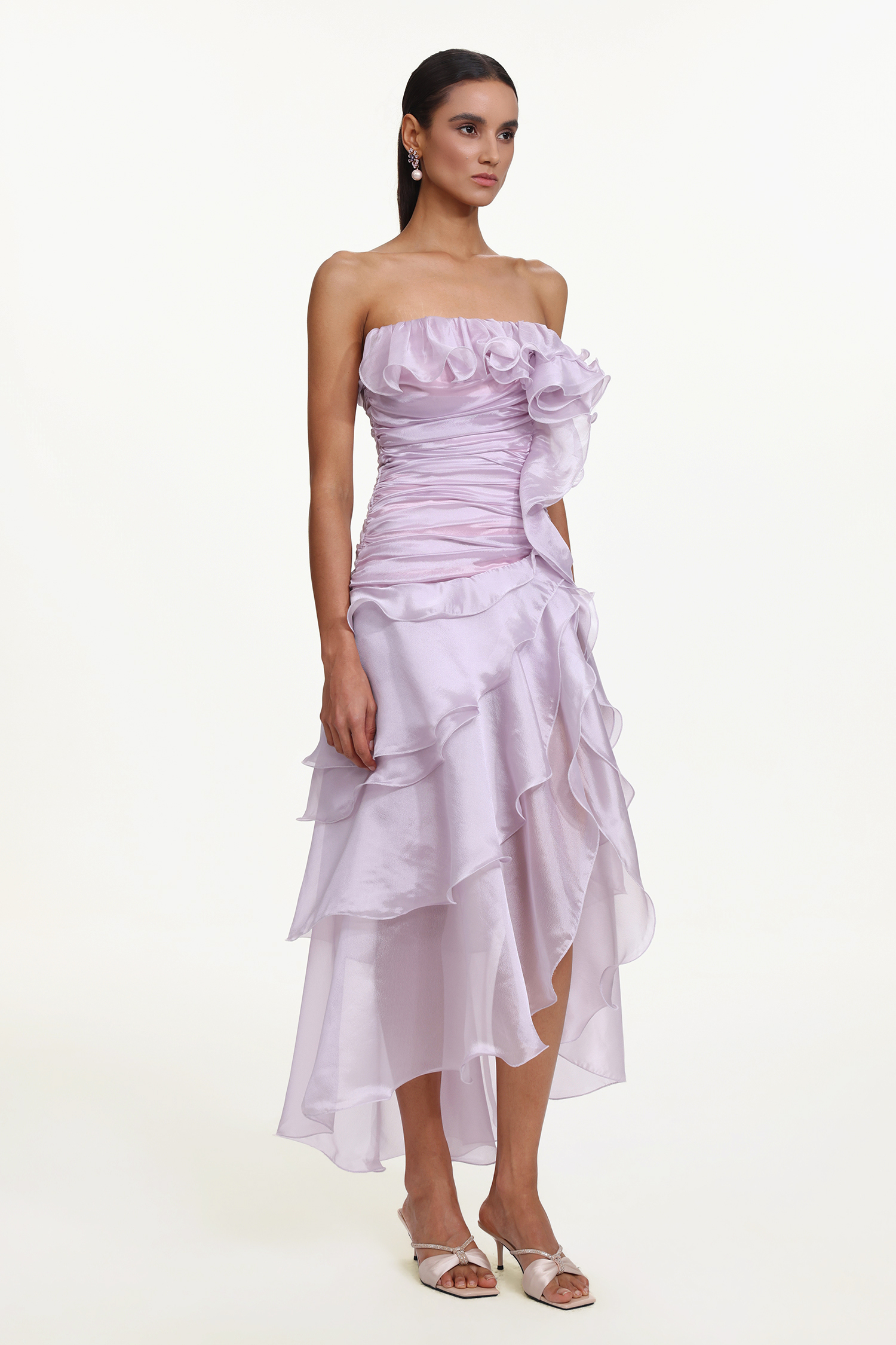 Jellay Romantic Flowy Strapless Asymmetric Ruffle High Slit Maxi Dress