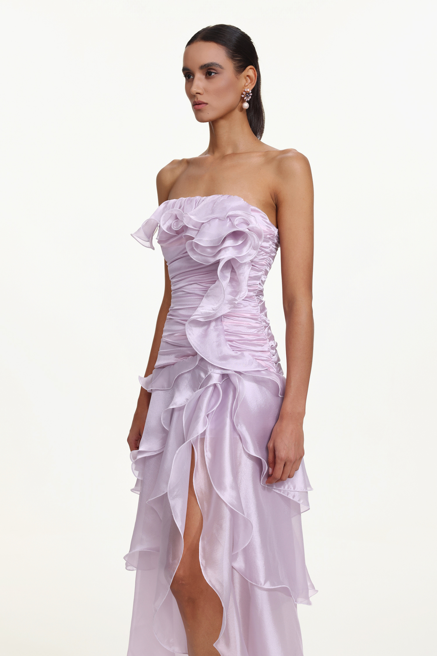 Jellay Romantic Flowy Strapless Asymmetric Ruffle High Slit Maxi Dress
