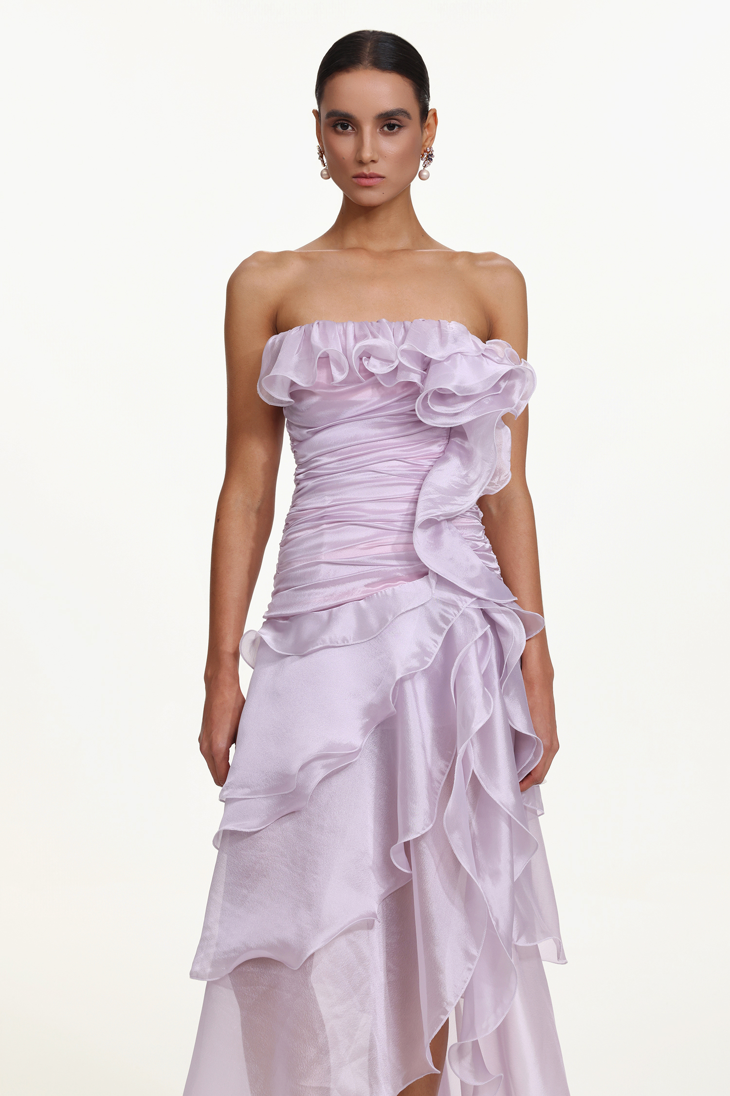 Jellay Romantic Flowy Strapless Asymmetric Ruffle High Slit Maxi Dress