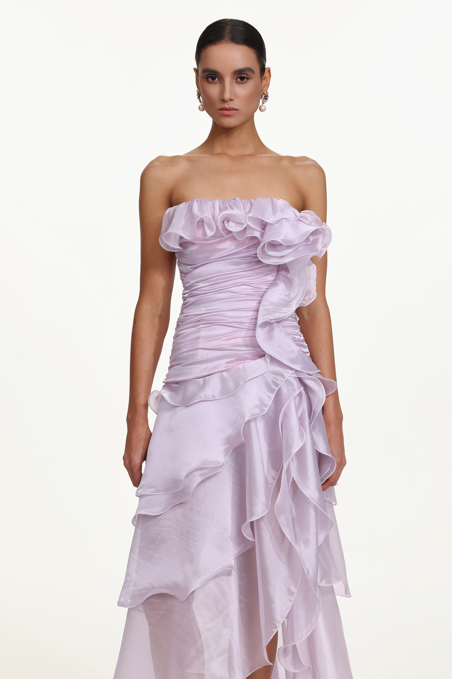 Jellay Romantic Flowy Strapless Asymmetric Ruffle High Slit Maxi Dress