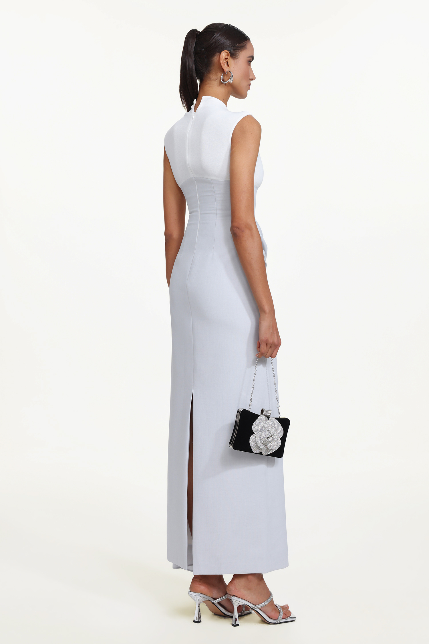 Kolari Elegant Contour High Neck Sleeveless Drape Metal Buckle Maxi Dress