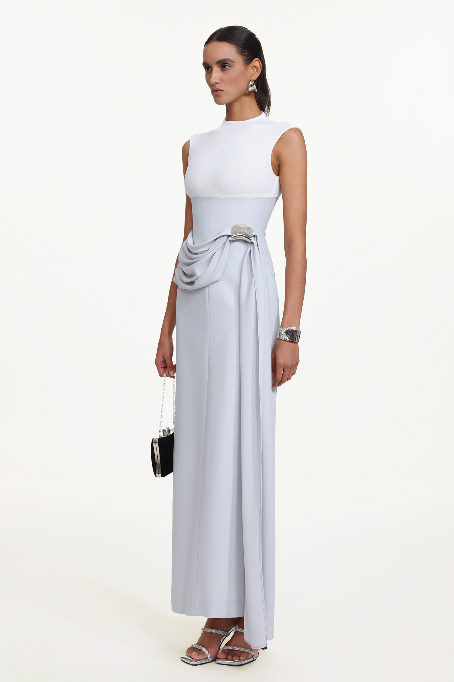 Kolari Elegant Contour High Neck Sleeveless Drape Metal Buckle Maxi Dress