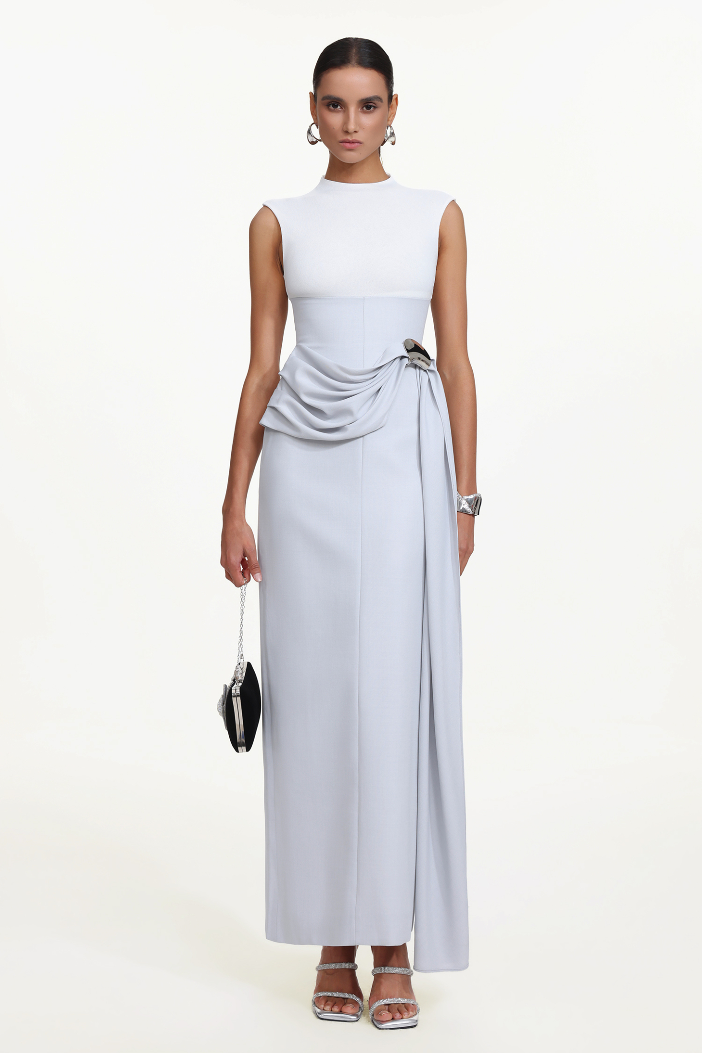 Kolari Elegant Contour High Neck Sleeveless Drape Metal Buckle Maxi Dress