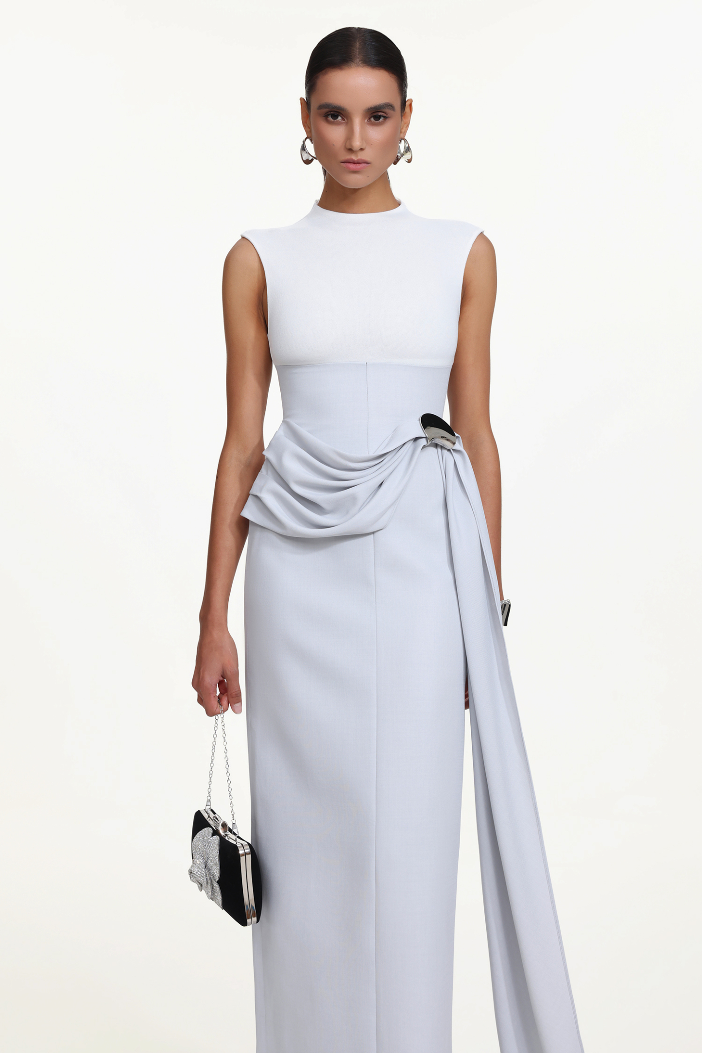 Kolari Elegant Contour High Neck Sleeveless Drape Metal Buckle Maxi Dress