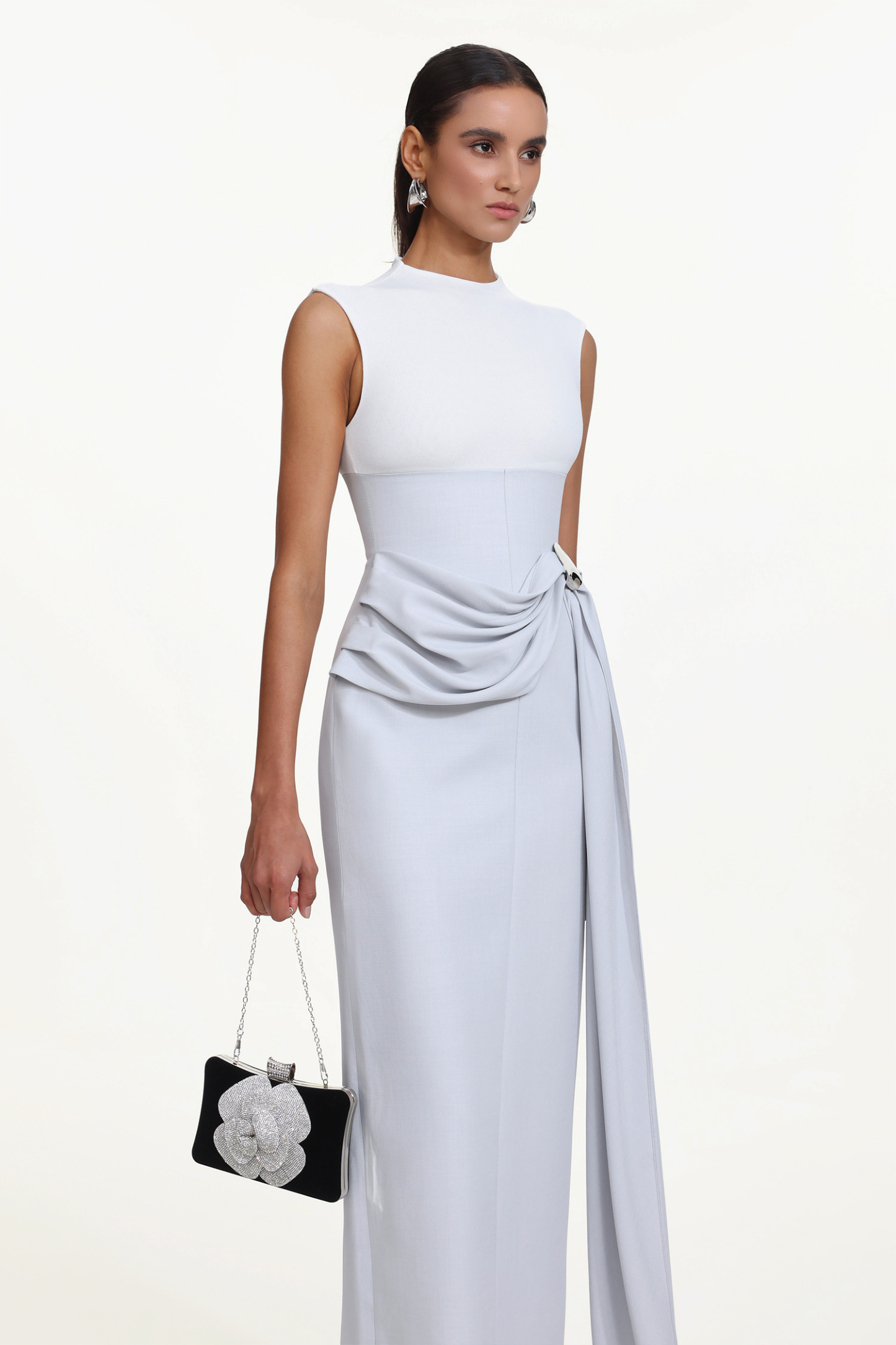 Kolari Elegant Contour High Neck Sleeveless Drape Metal Buckle Maxi Dress