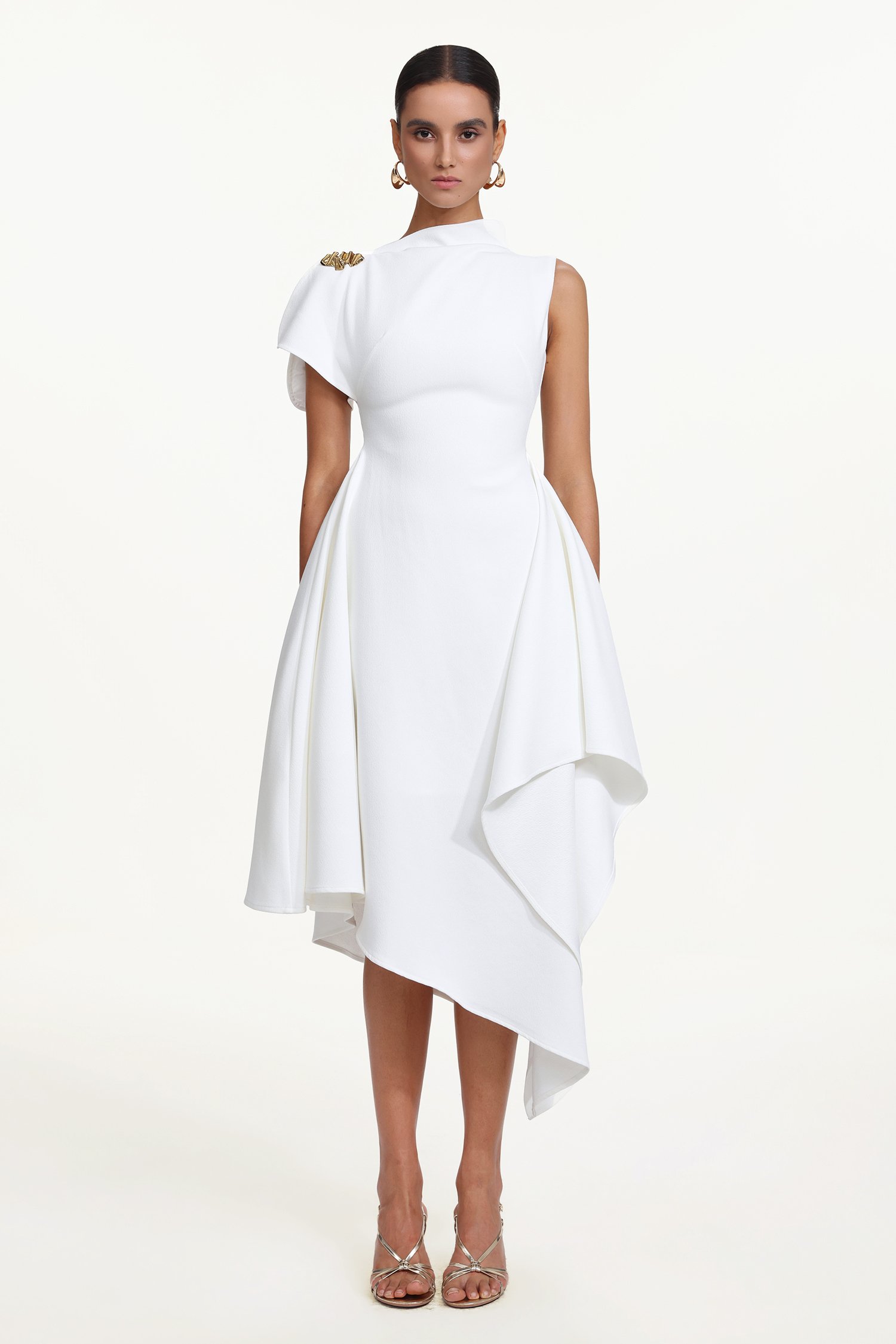 Weren Elegant Contour High Neck Asymmetric Maxi Dress