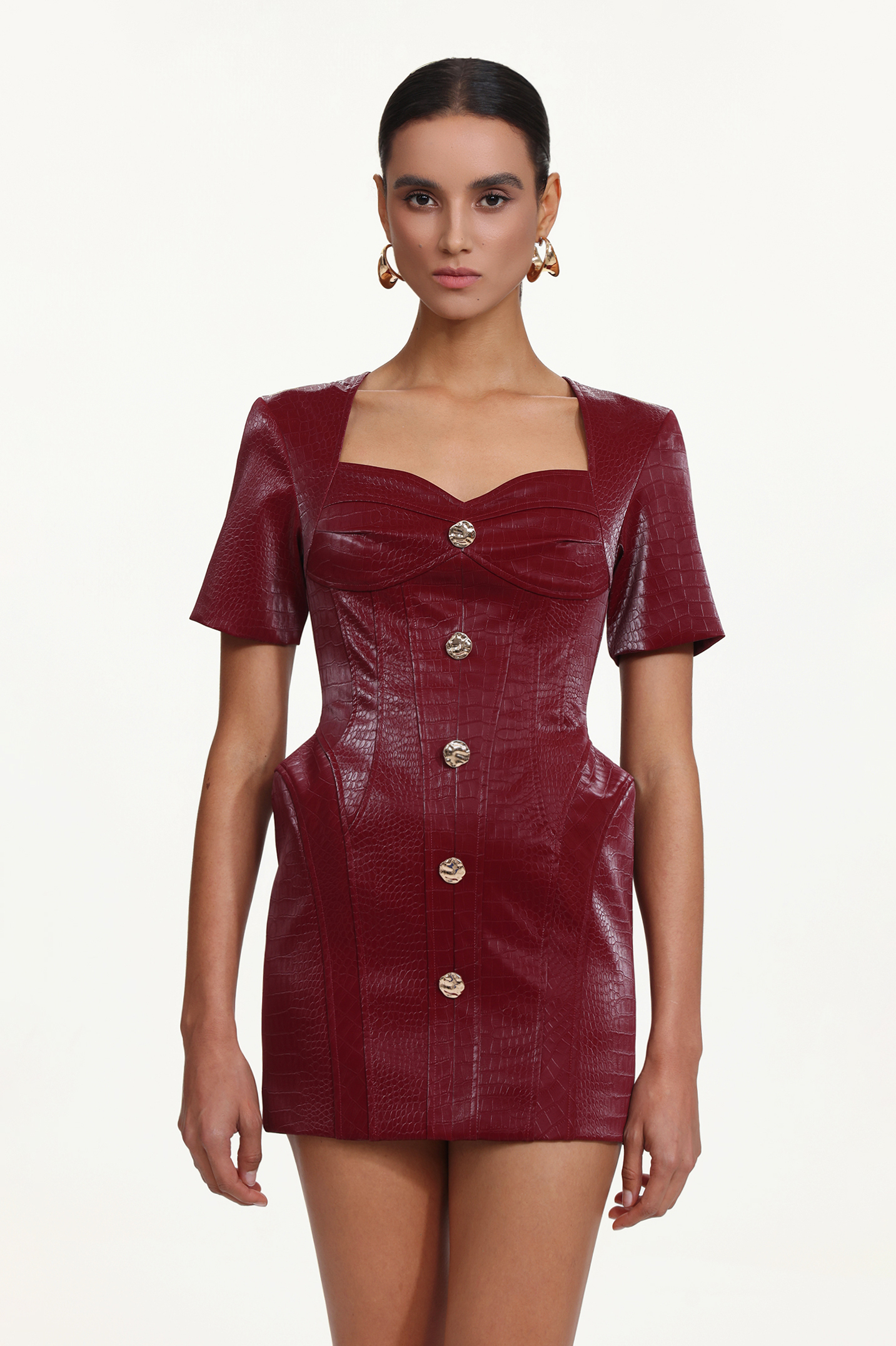 Reggie Romantic Tailored Square Neck Buttoned Faux Leather Mini Dress