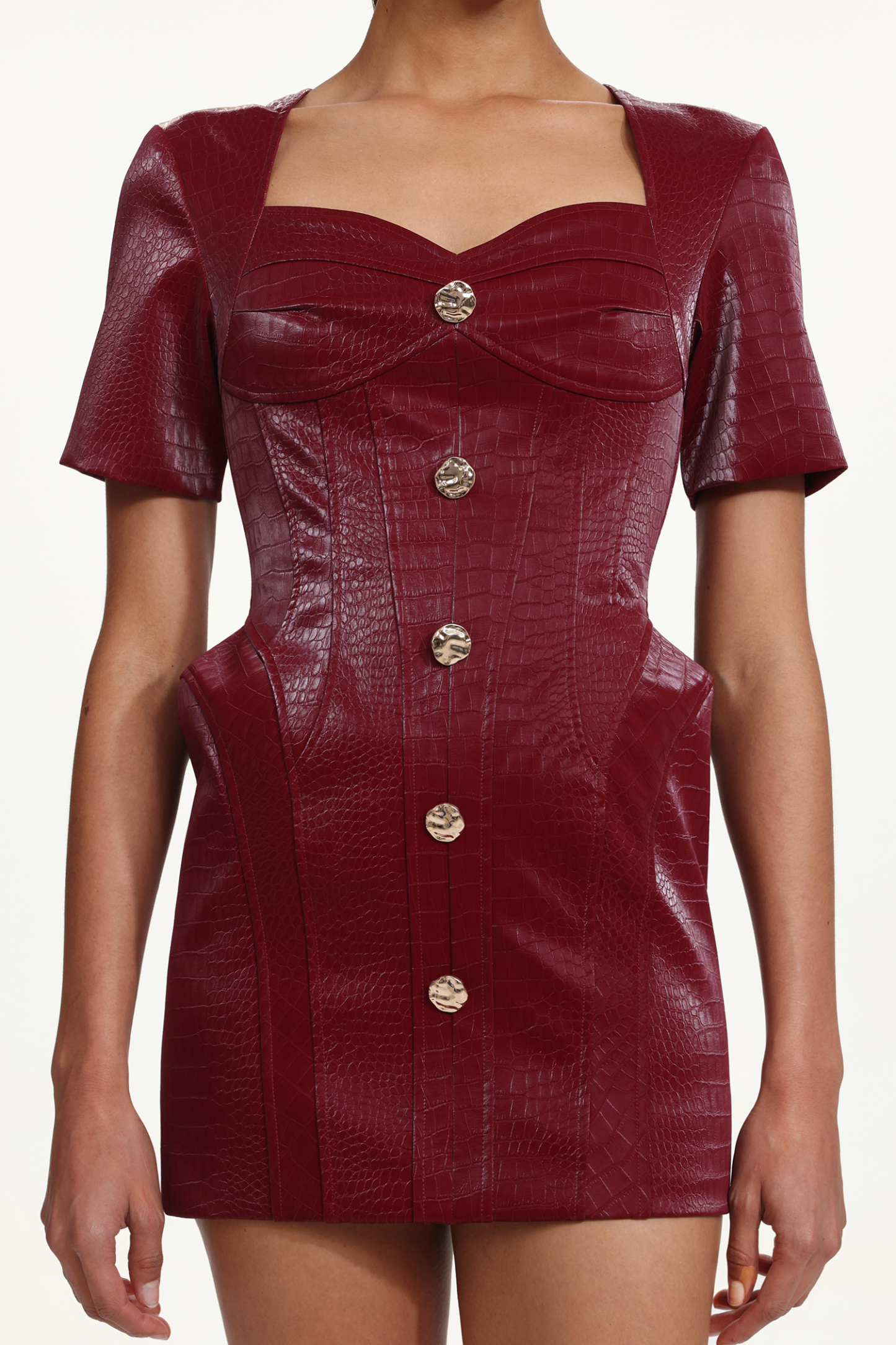 Reggie Romantic Tailored Square Neck Buttoned Faux Leather Mini Dress