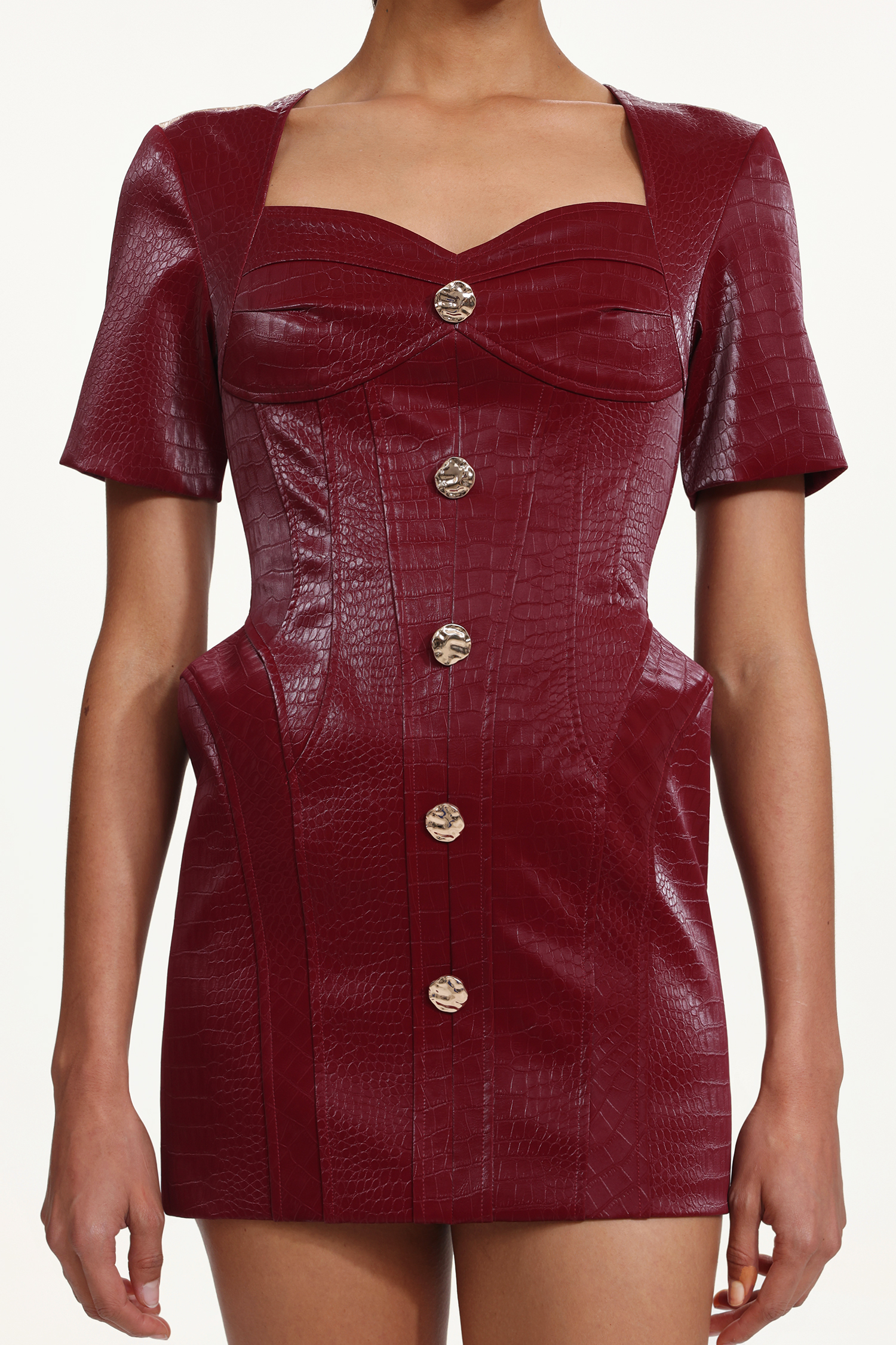 Reggie Romantic Tailored Square Neck Buttoned Faux Leather Mini Dress