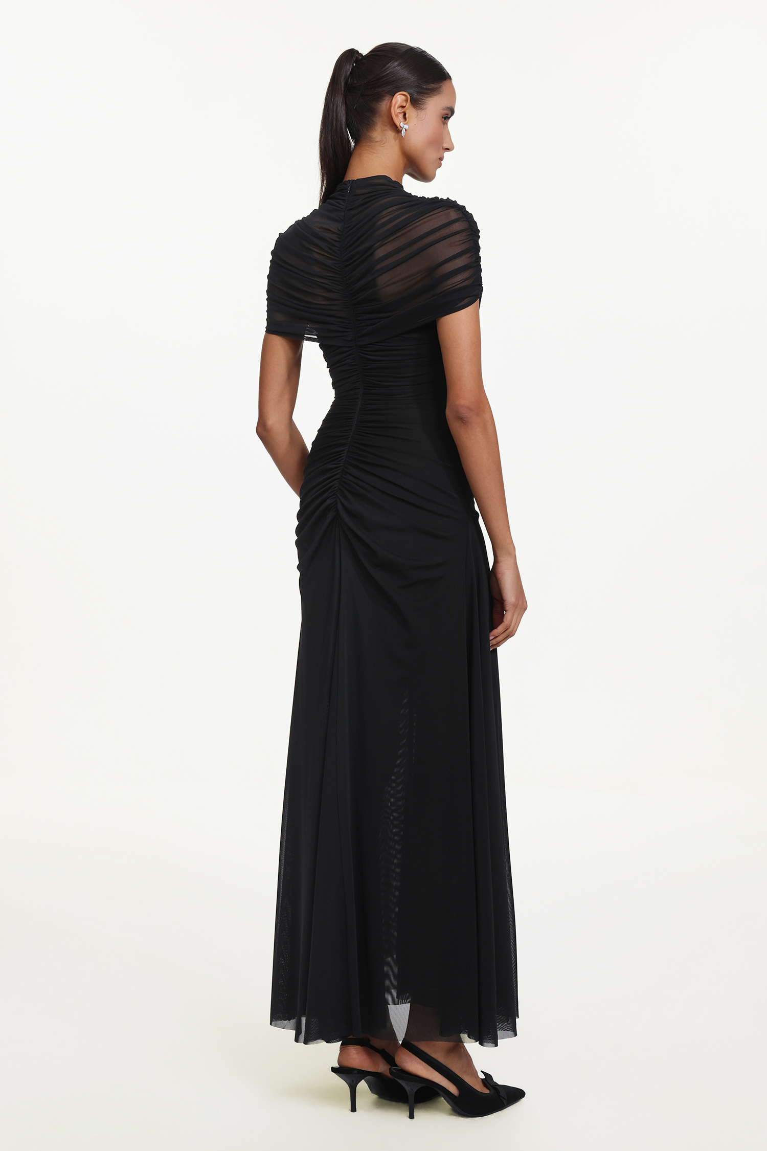 Iaka Chic Contour Sleeveless Cut Out Ruched Mesh Maxi Dress