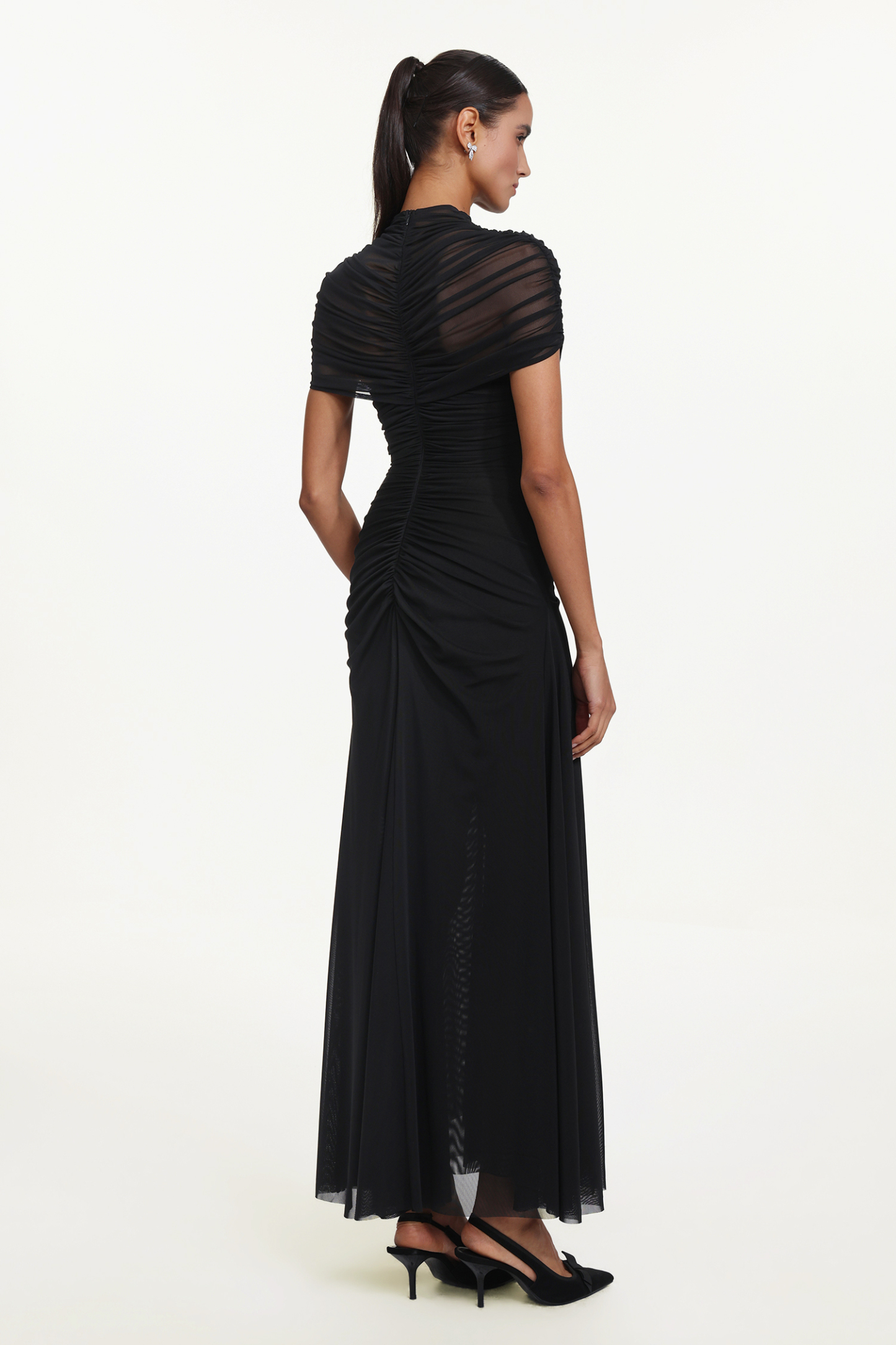 Iaka Chic Contour Sleeveless Cut Out Ruched Mesh Maxi Dress