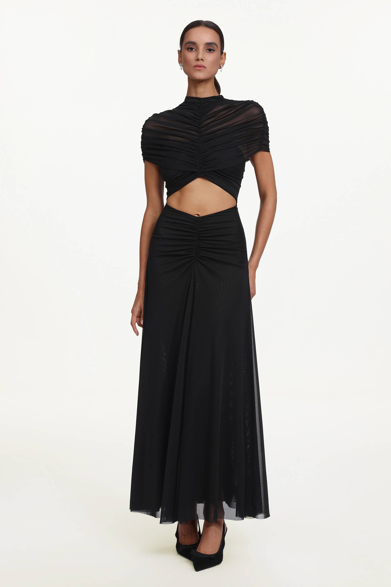 Iaka Chic Contour Sleeveless Cut Out Ruched Mesh Maxi Dress