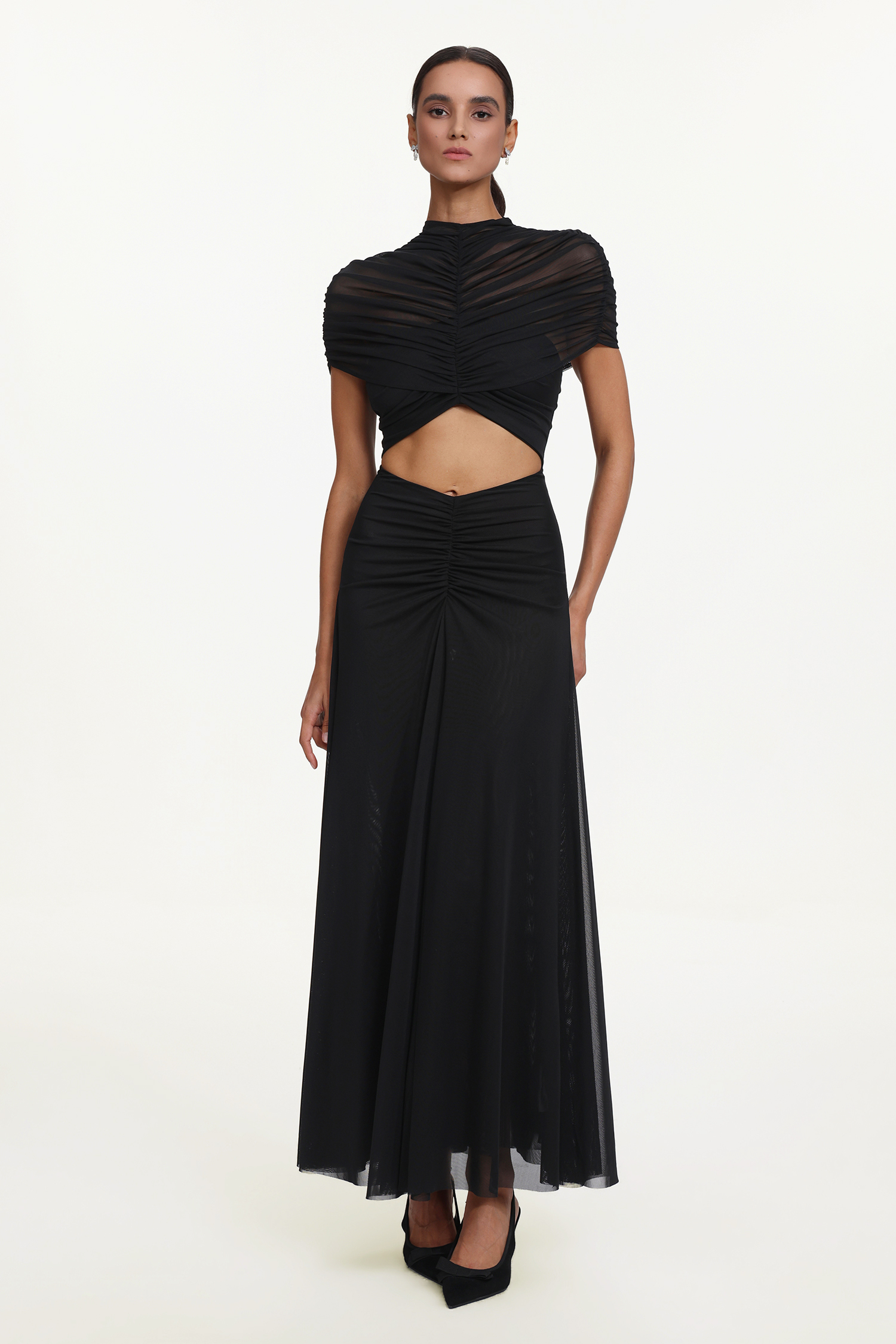 Iaka Chic Contour Sleeveless Cut Out Ruched Mesh Maxi Dress