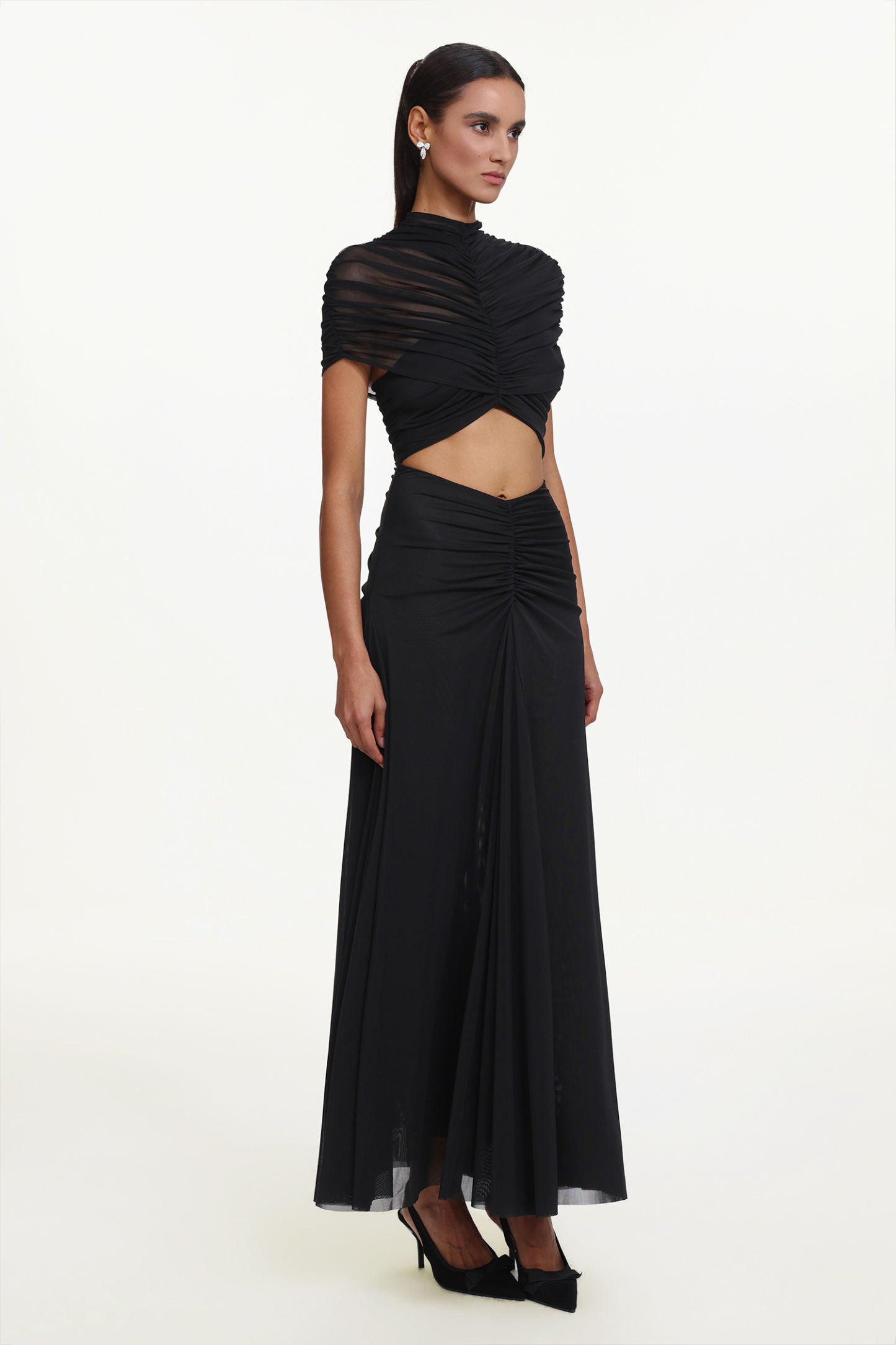 Iaka Chic Contour Sleeveless Cut Out Ruched Mesh Maxi Dress