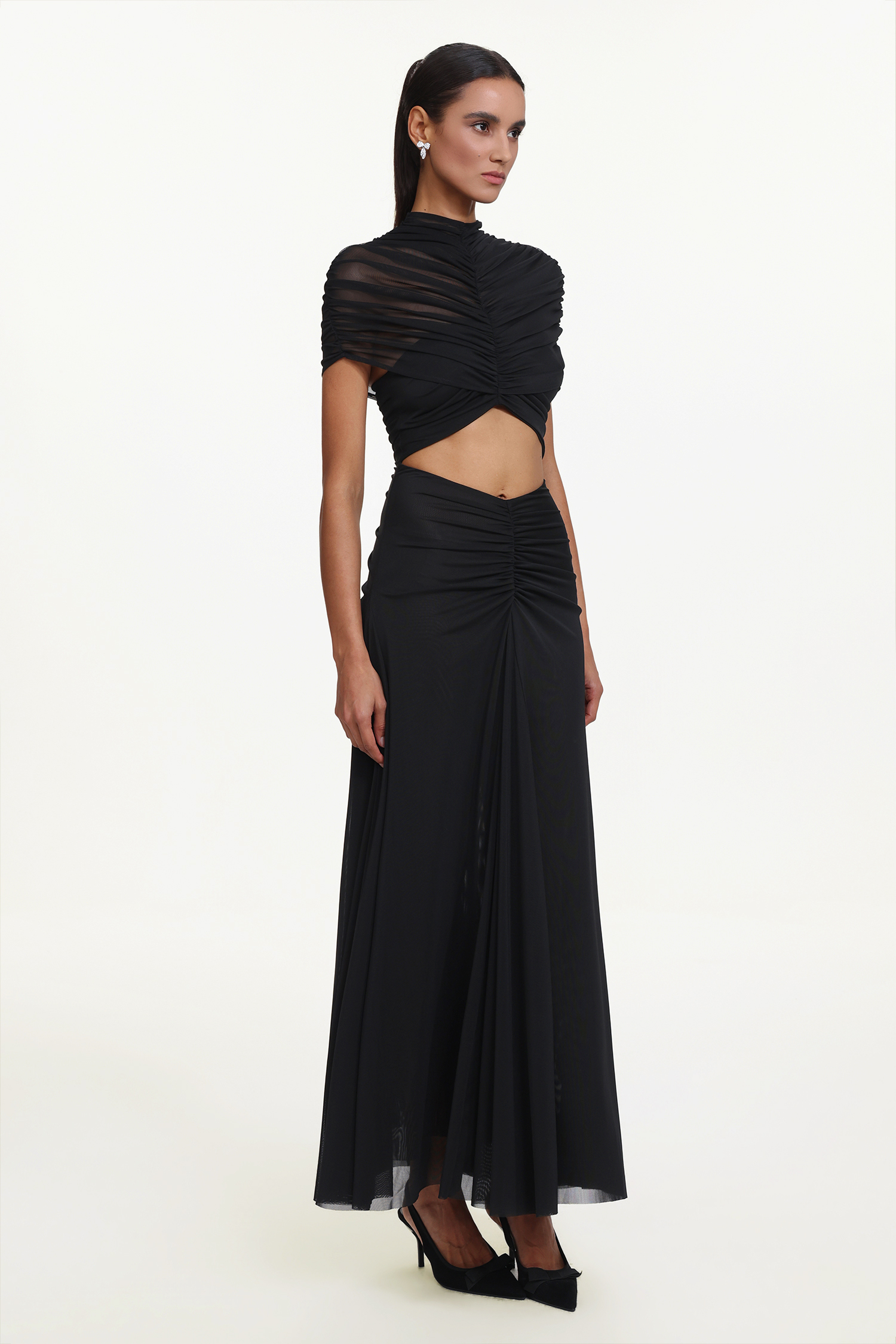 Iaka Chic Contour Sleeveless Cut Out Ruched Mesh Maxi Dress