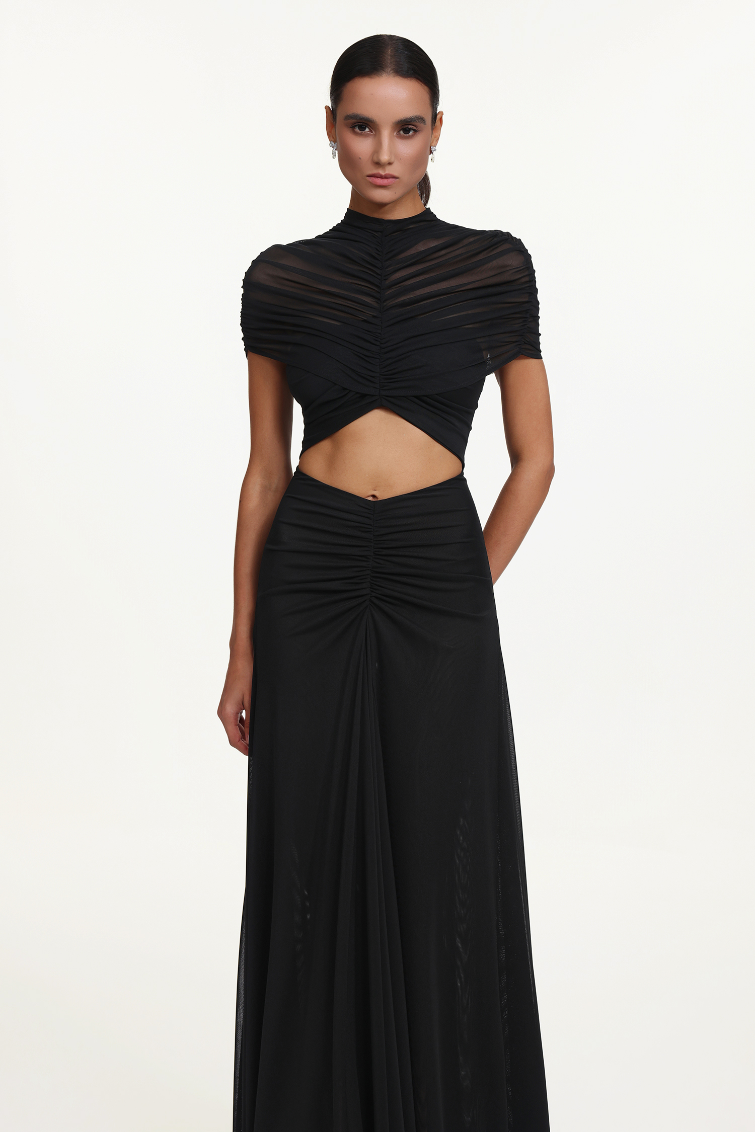 Iaka Chic Contour Sleeveless Cut Out Ruched Mesh Maxi Dress