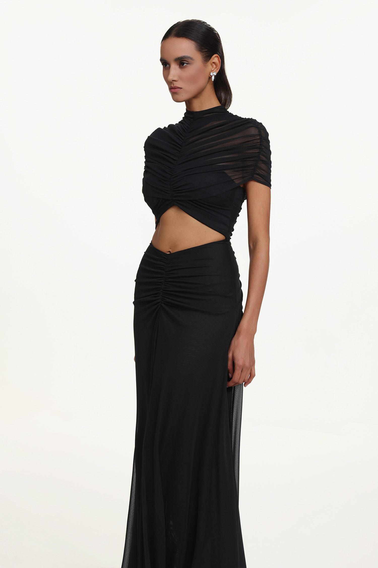 Iaka Chic Contour Sleeveless Cut Out Ruched Mesh Maxi Dress