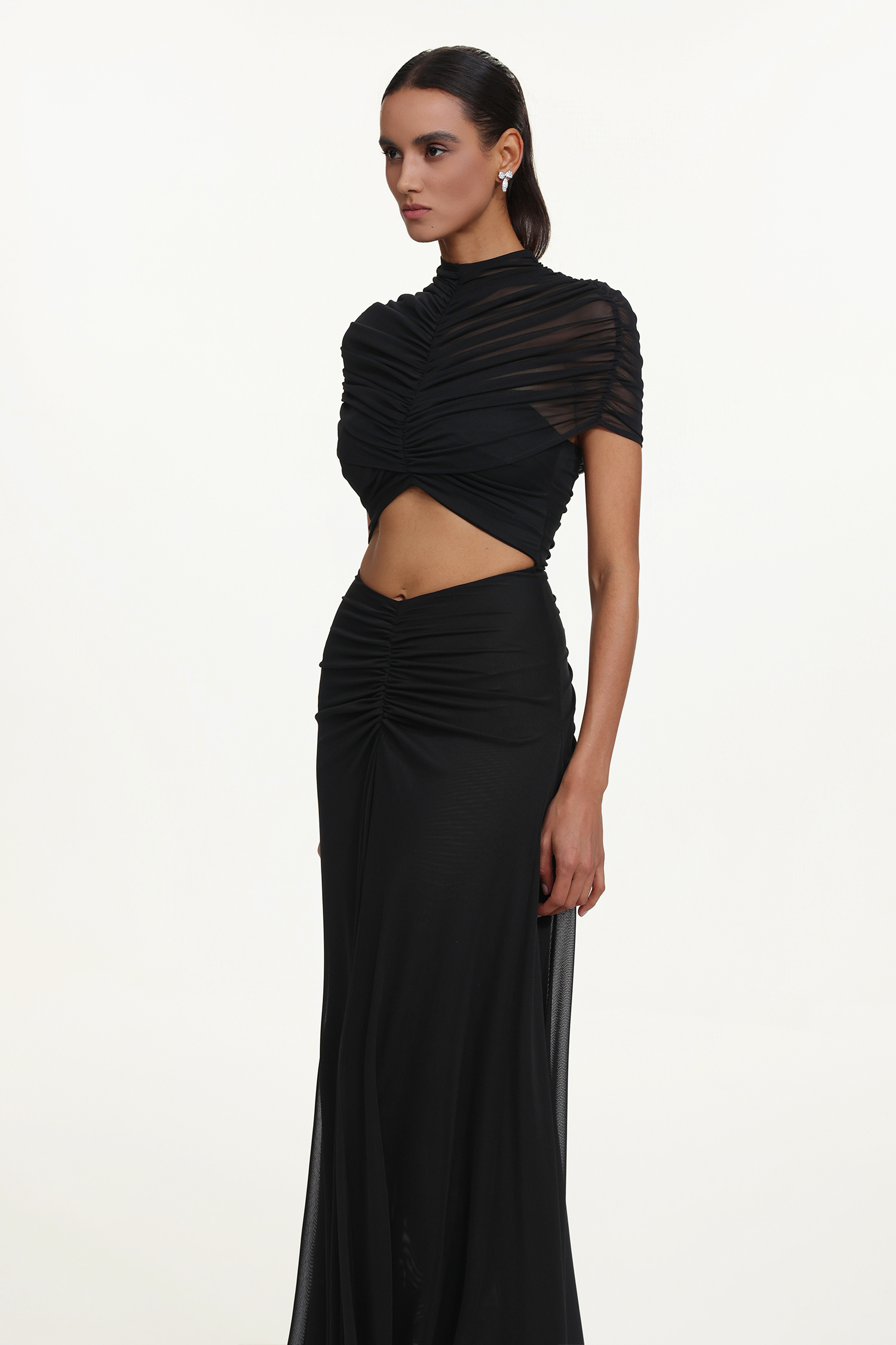 Iaka Chic Contour Sleeveless Cut Out Ruched Mesh Maxi Dress