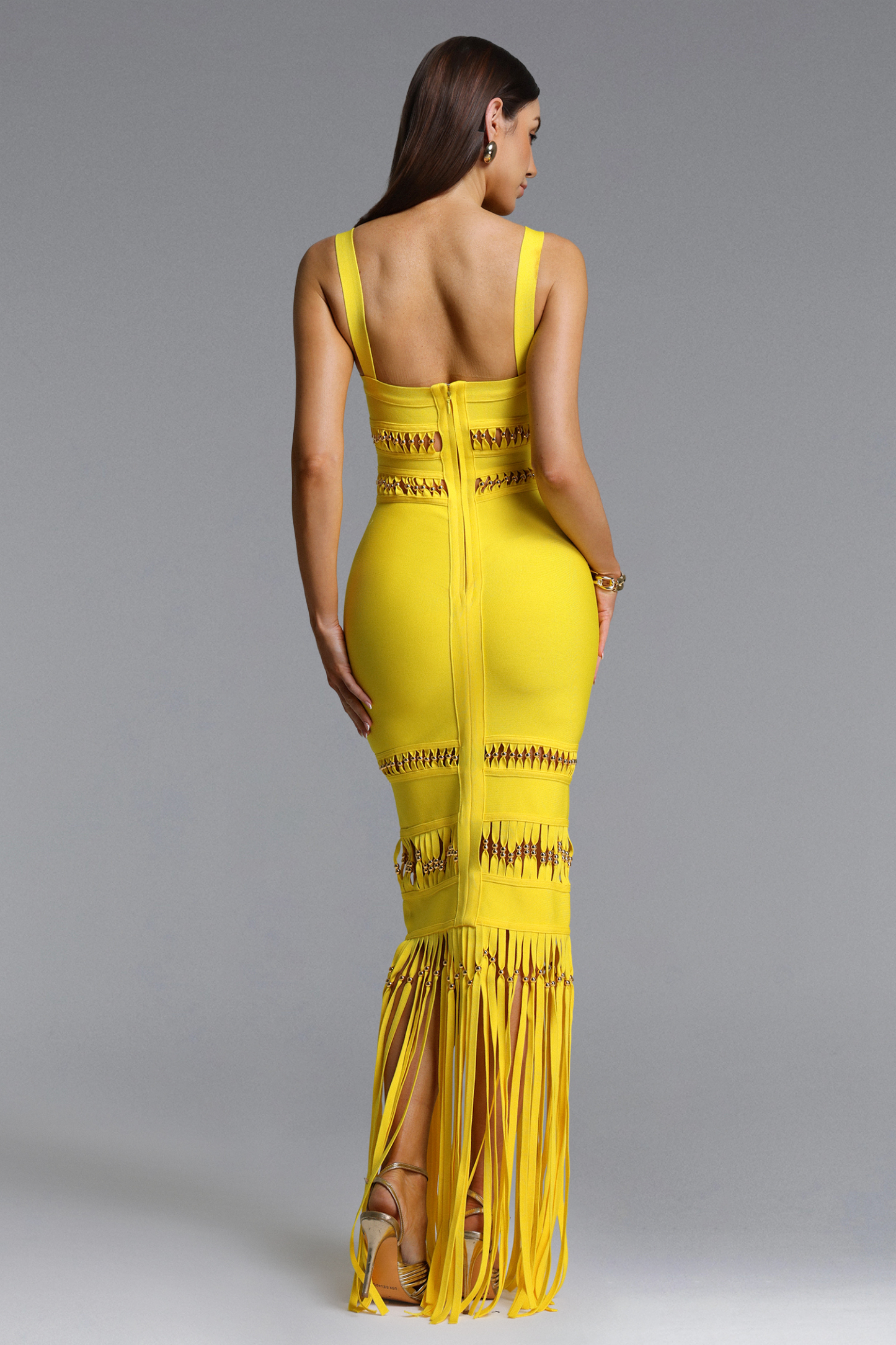 Shanley Chic Contour Sleeveless Beaded Fringe Bandage Maxi Dress