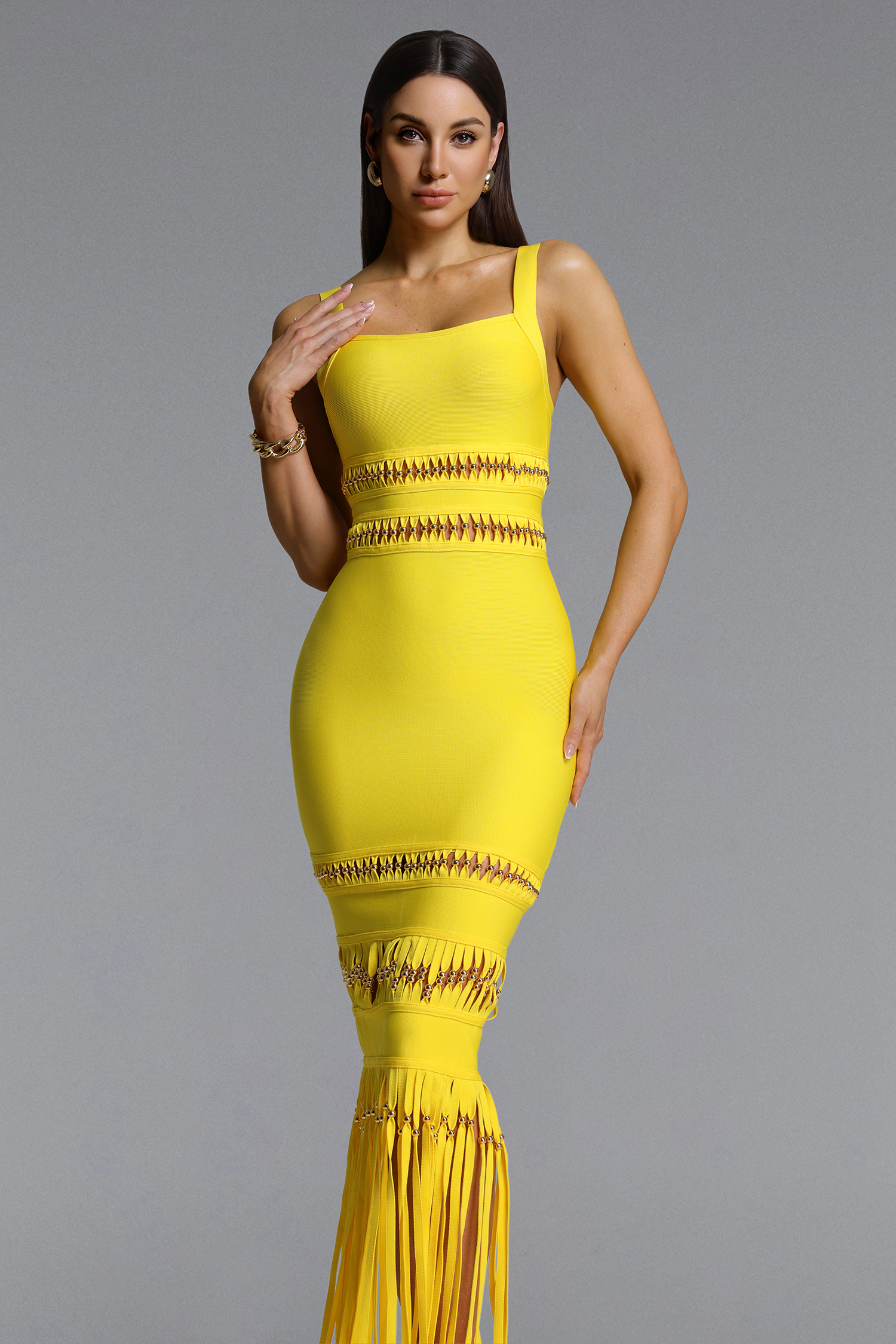 Shanley Chic Contour Sleeveless Beaded Fringe Bandage Maxi Dress