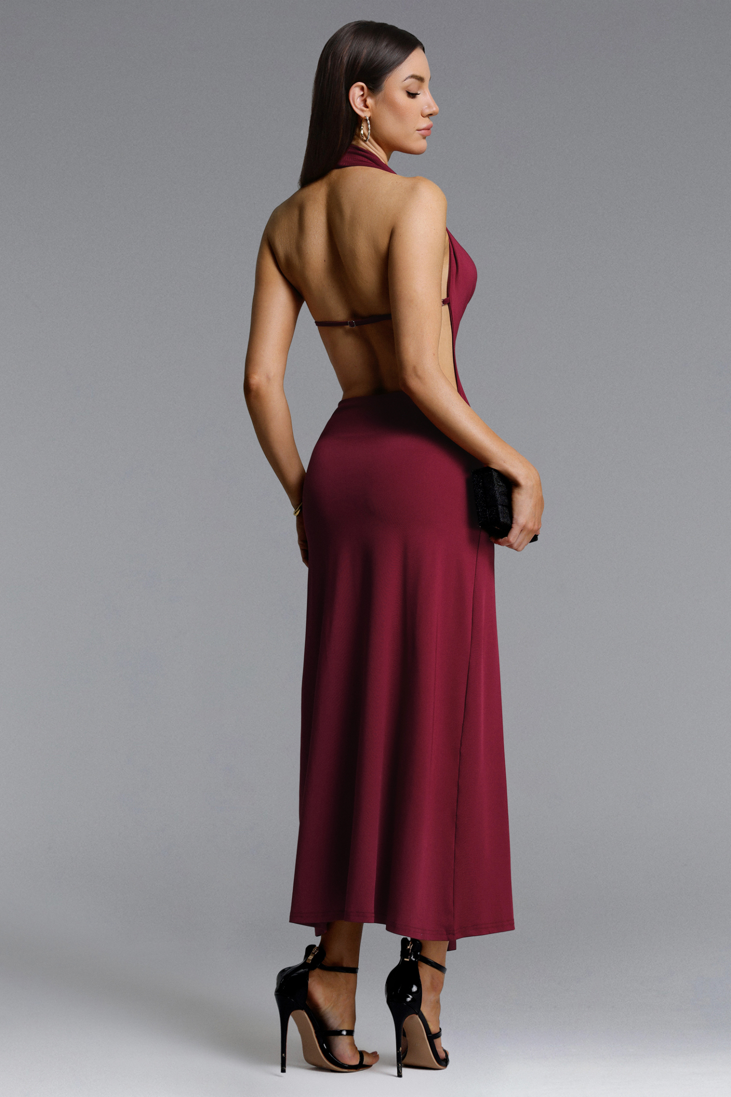 Yaliu Romantic Contour Halter Cowl Neck Knot Knit Maxi Dress