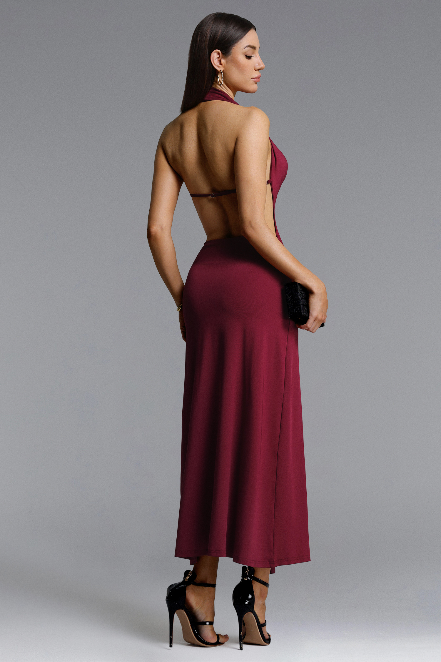 Yaliu Romantic Contour Halter Cowl Neck Knot Knit Maxi Dress