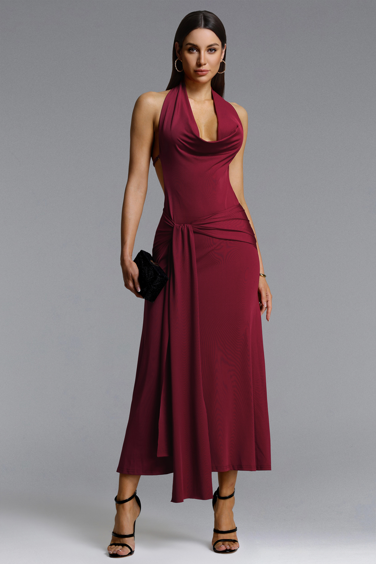 Yaliu Romantic Contour Halter Cowl Neck Knot Knit Maxi Dress