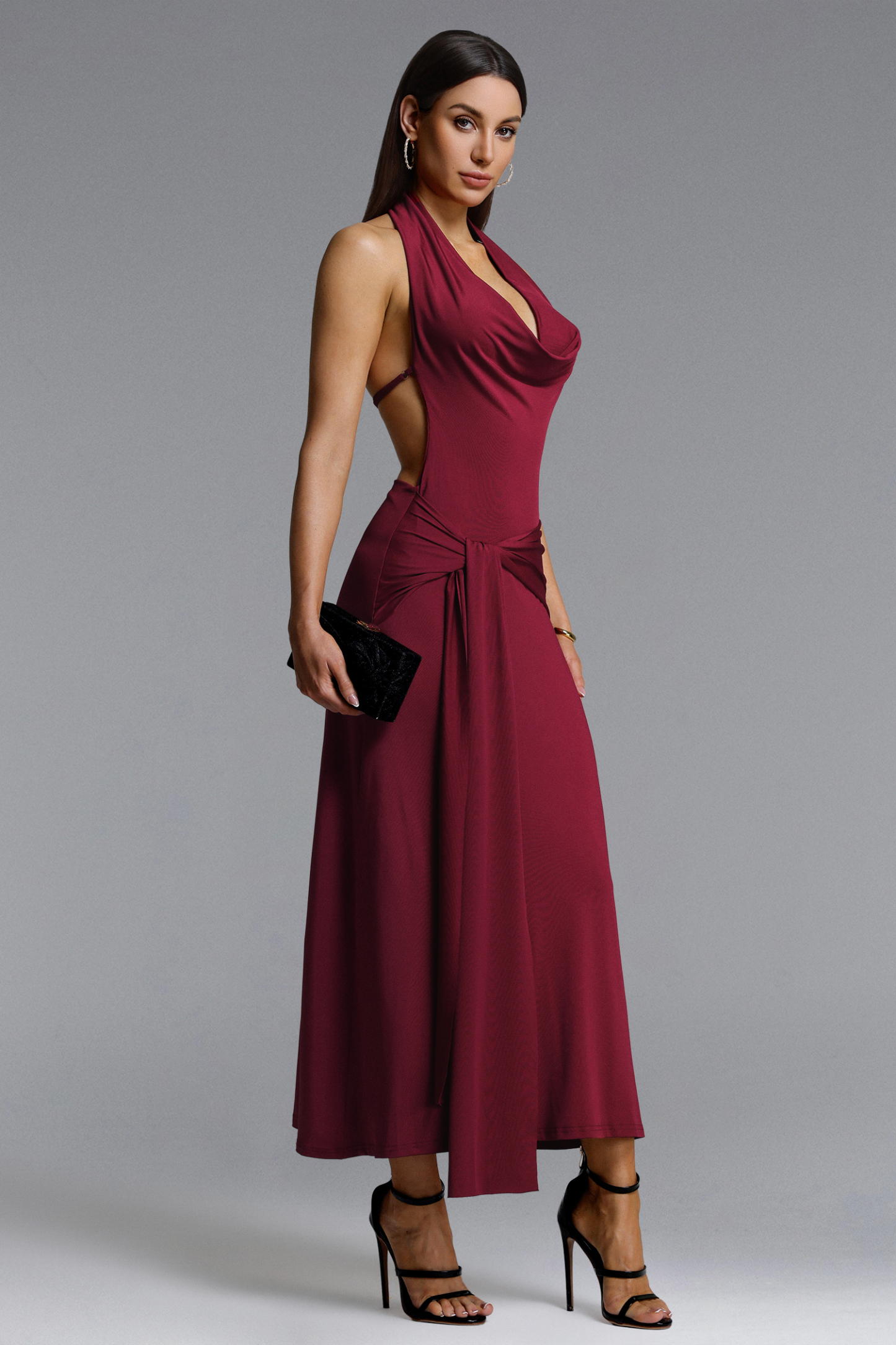 Yaliu Romantic Contour Halter Cowl Neck Knot Knit Maxi Dress