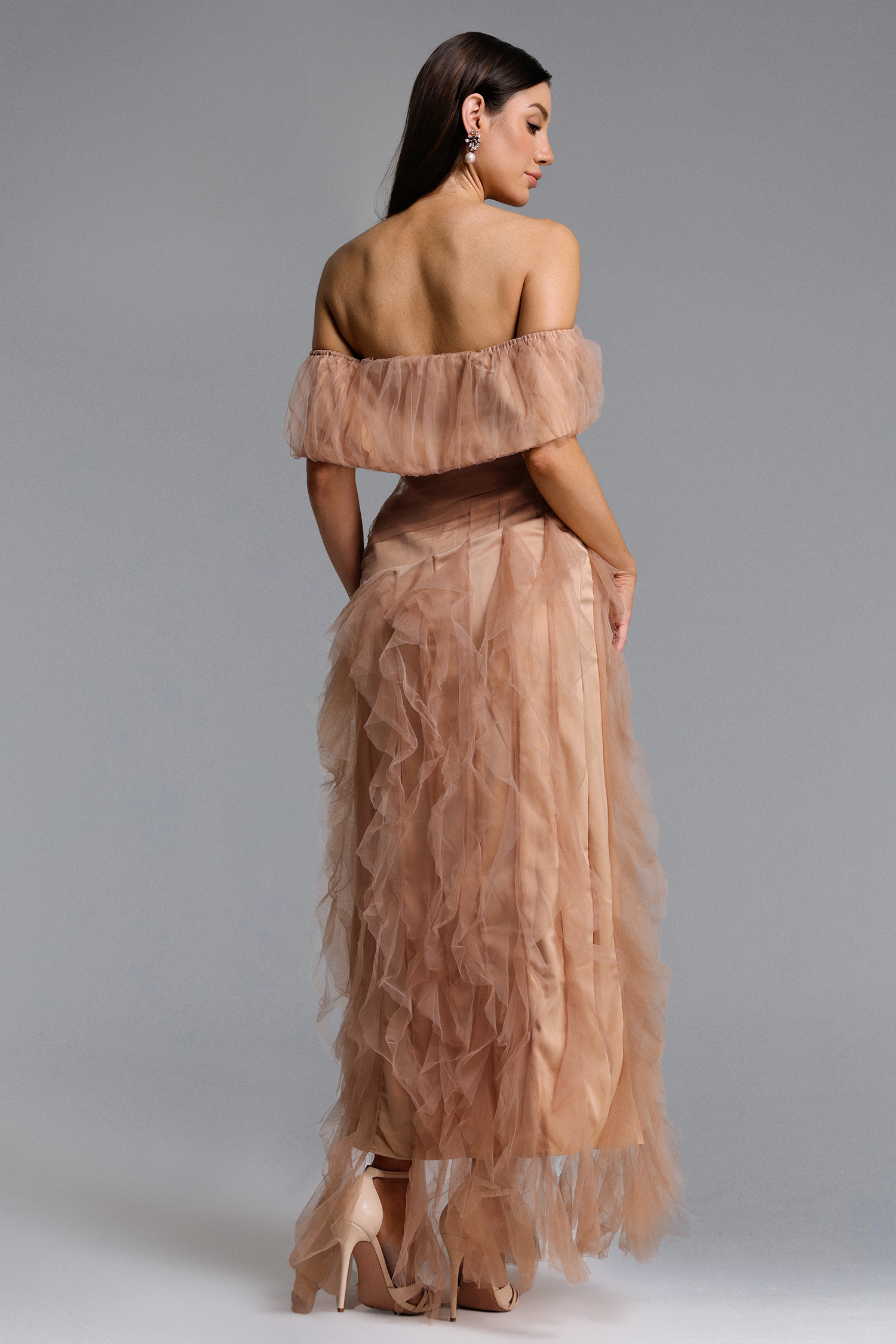 Revie Elegant Flowy Off Shoulder Ruffle Tulle Maxi Dress