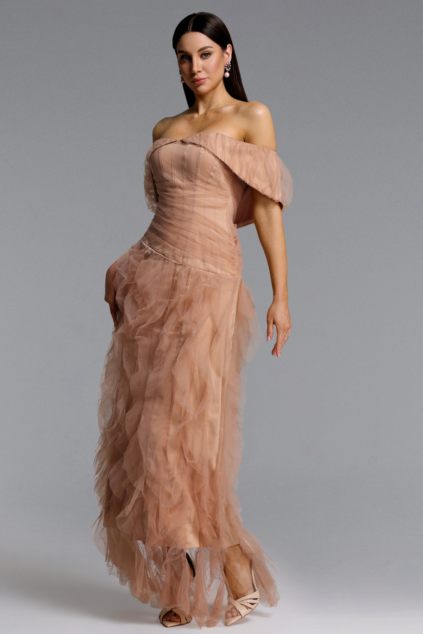 Revie Elegant Flowy Off Shoulder Ruffle Tulle Maxi Dress