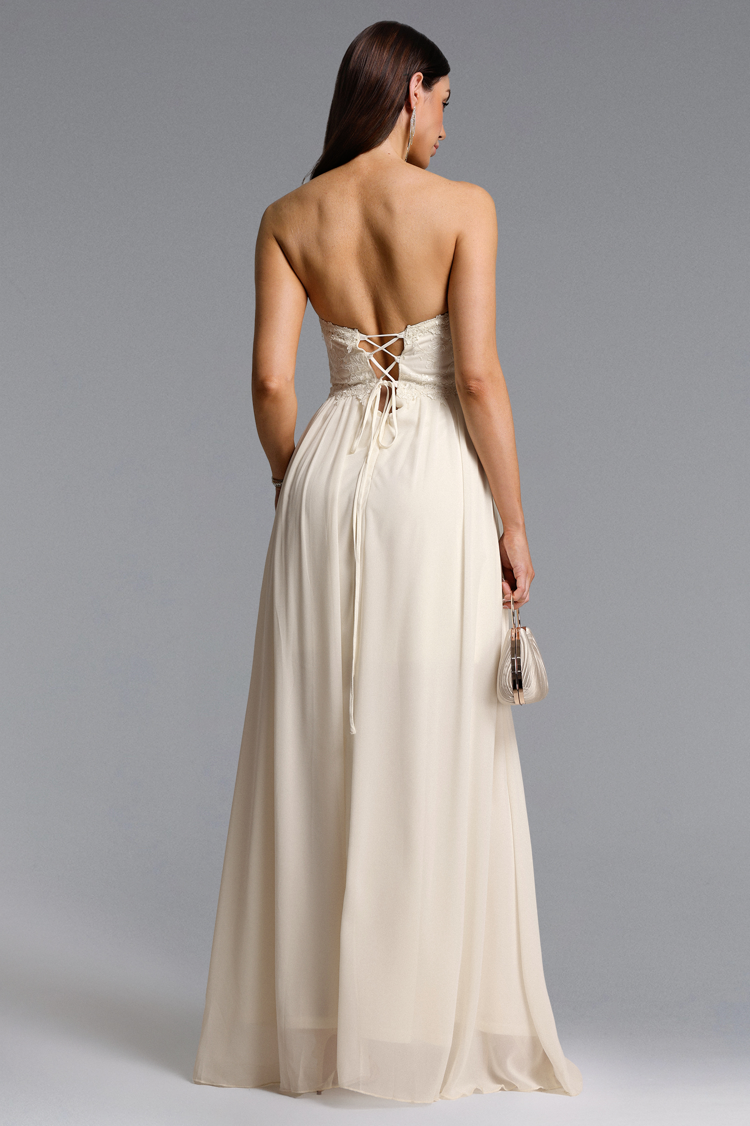 Dorie Elegant Flowy Strapless Floral High Slit Lace Maxi Dress