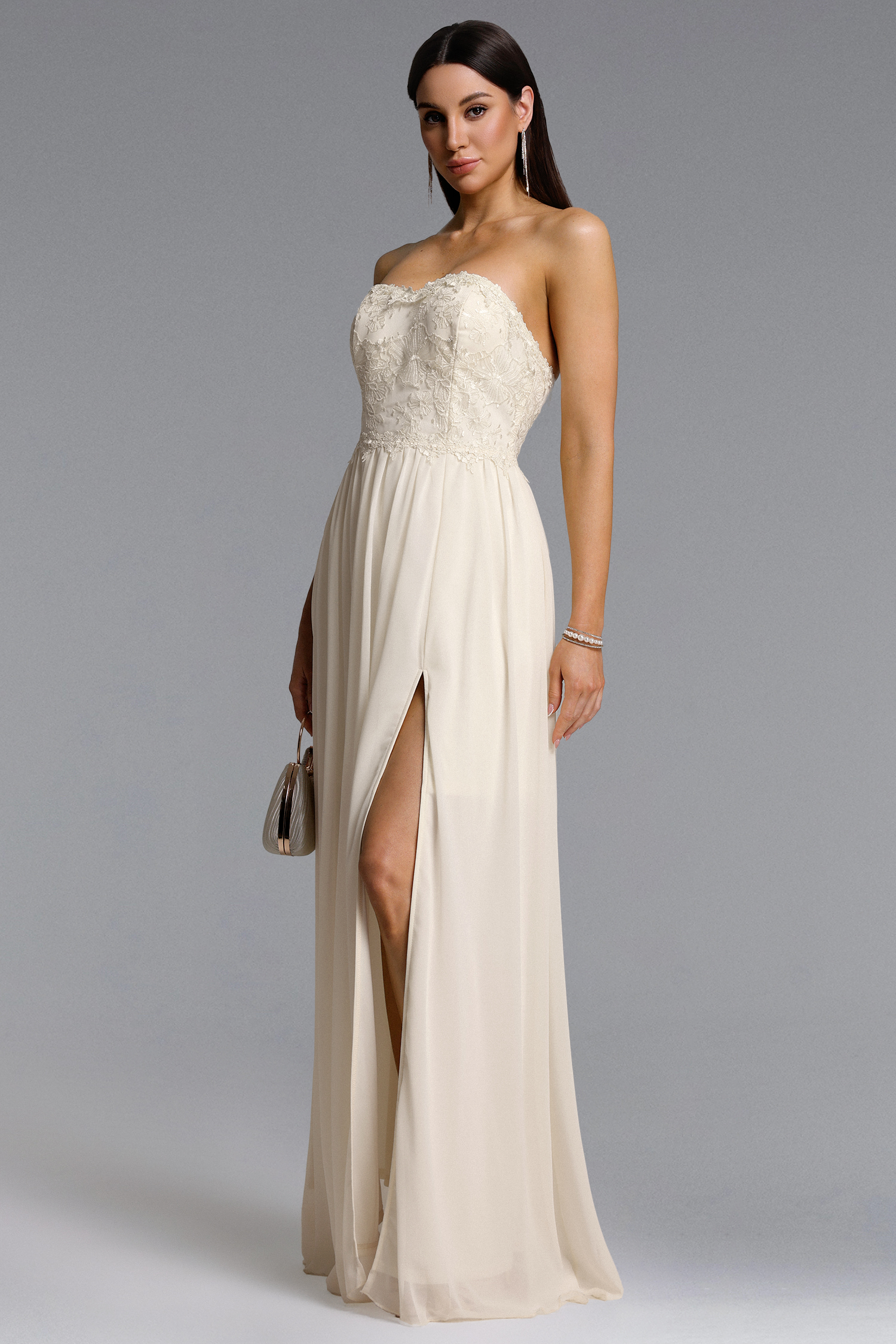 Dorie Elegant Flowy Strapless Floral High Slit Lace Maxi Dress