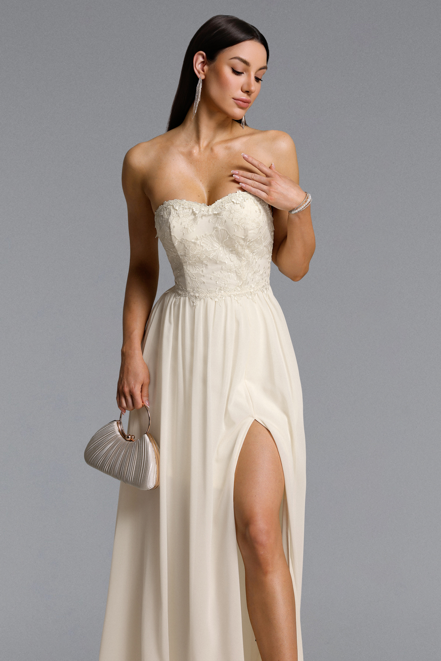 Dorie Elegant Flowy Strapless Floral High Slit Lace Maxi Dress