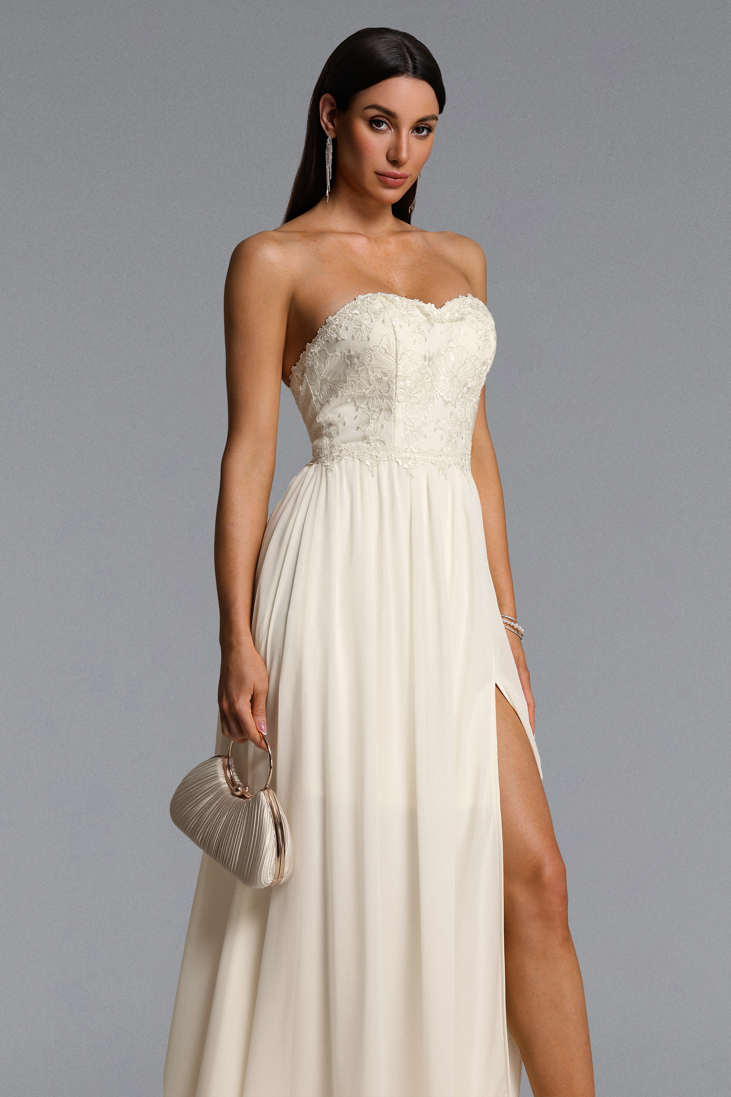 Dorie Elegant Flowy Strapless Floral High Slit Lace Maxi Dress