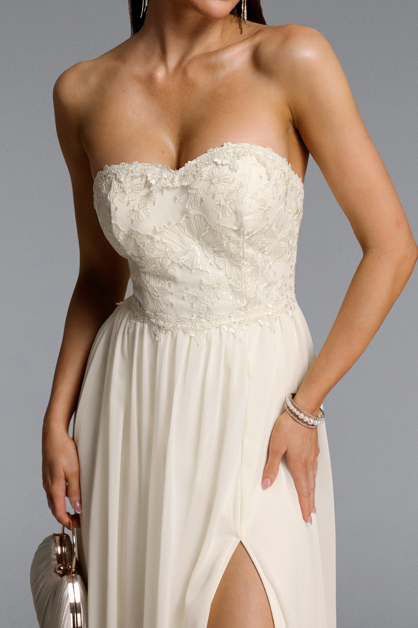 Dorie Elegant Flowy Strapless Floral High Slit Lace Maxi Dress