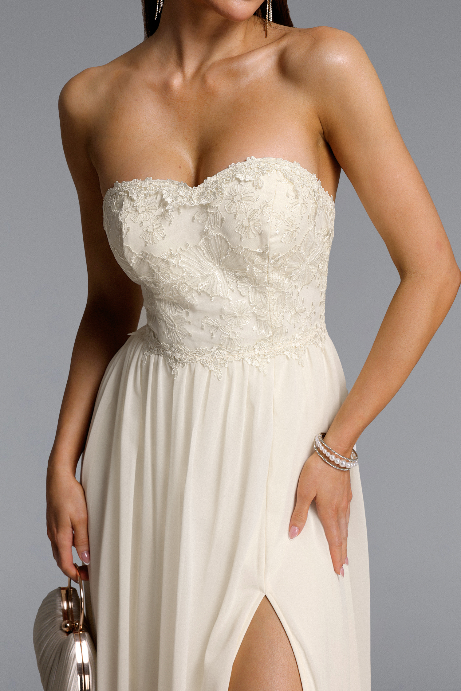 Dorie Elegant Flowy Strapless Floral High Slit Lace Maxi Dress