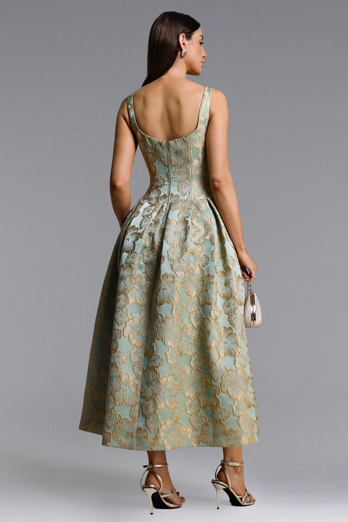 Kerta Elegant Tailored Square Neck Jacquard Pleated Floral Maxi Dress