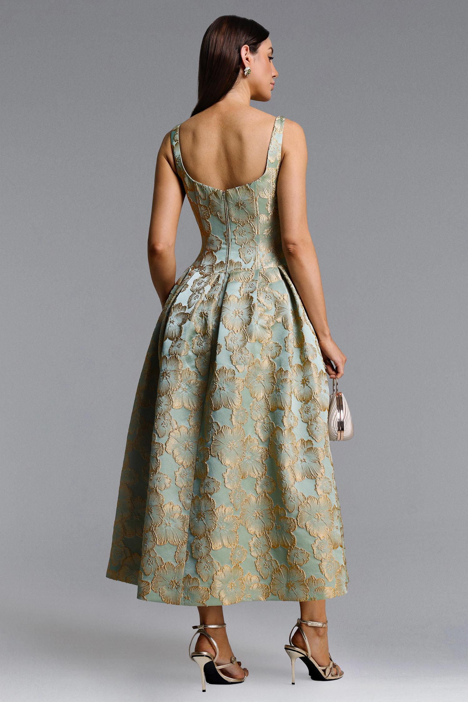 Kerta Elegant Tailored Square Neck Jacquard Pleated Floral Maxi Dress