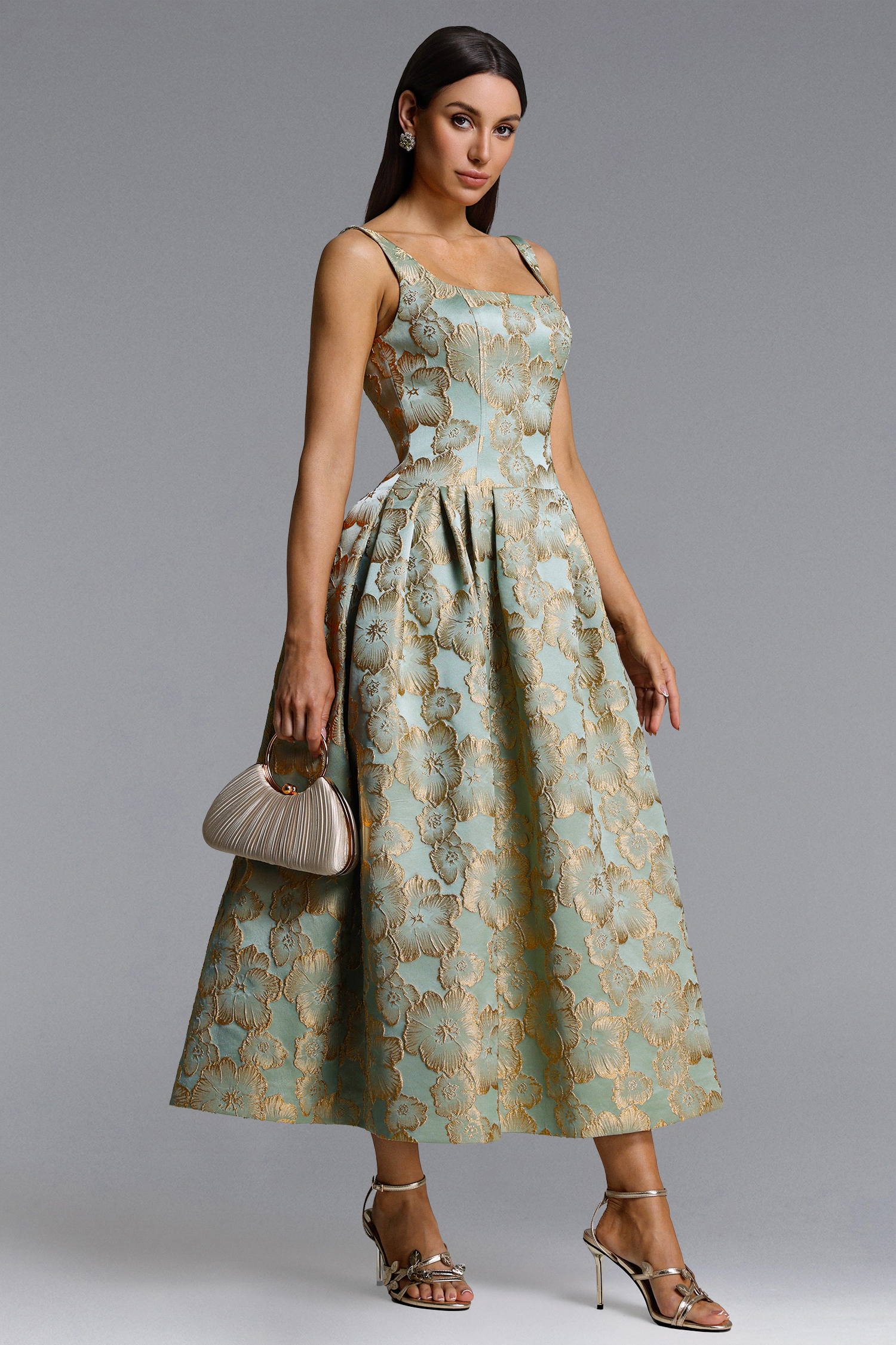 Kerta Elegant Tailored Square Neck Jacquard Pleated Floral Maxi Dress